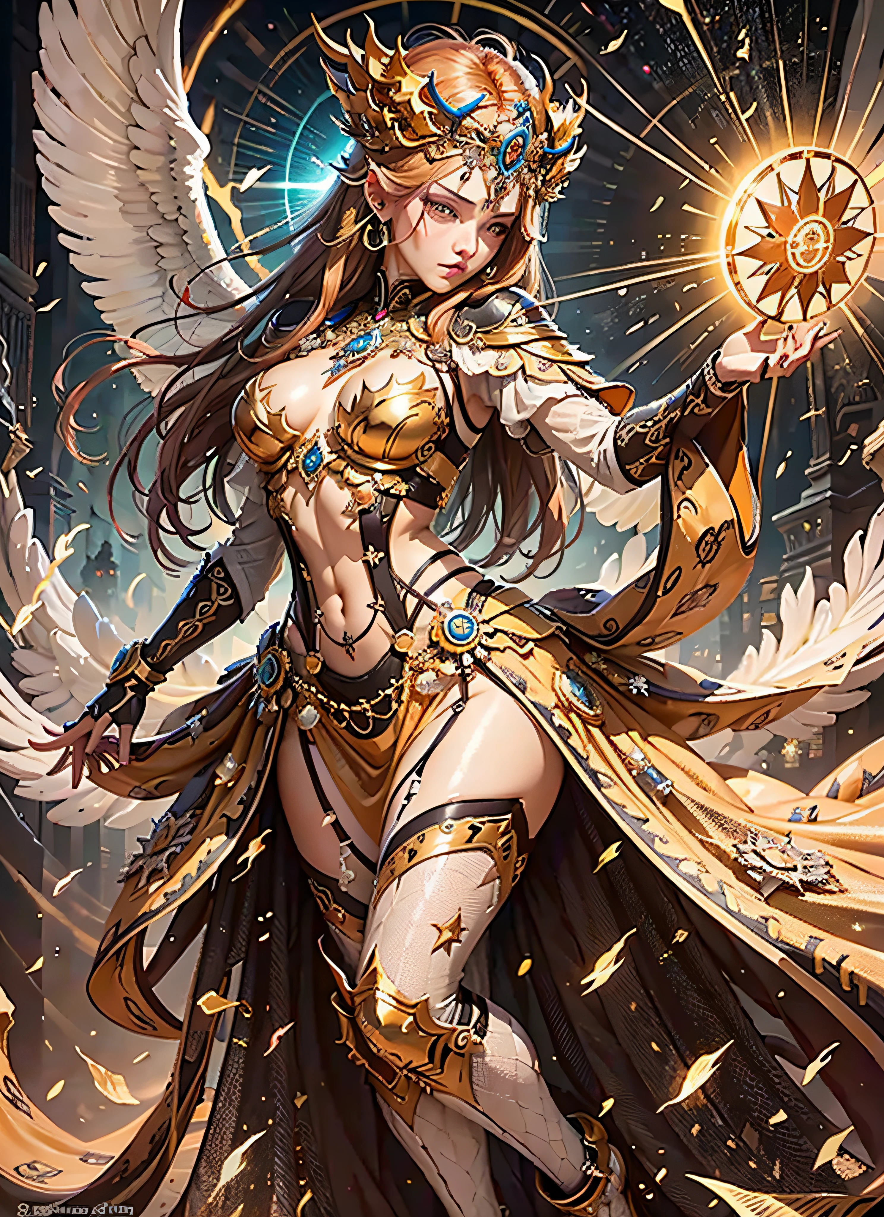 1girl, beautiful empress of the sun, detailed eyes, detailed face, detailed skin, mature body, tall body, seductive body, medium large chest, medium thigh, desert BREAK and pyramid bottoms, holding only a holy sun scepter, phoenix dragon in the sky, highly saturating sun rays, holy ceremony, angelic halo, dazzling golden and orange spark around, sacred magic circle, golden crown, golden majestic lightning, best quality, masterpiece, trend in art station, BREAK, detailed, realistic, highly detailed digital art 8k, octane rendering, bioluminescent, concept art resolution BREAK 8K, realism, by studios Mappa, masterpiece, best quality, official art, illustration, ligne claire, (cool_color), perfect composition, absurdists, fantasy, focused, full body in attack pose,