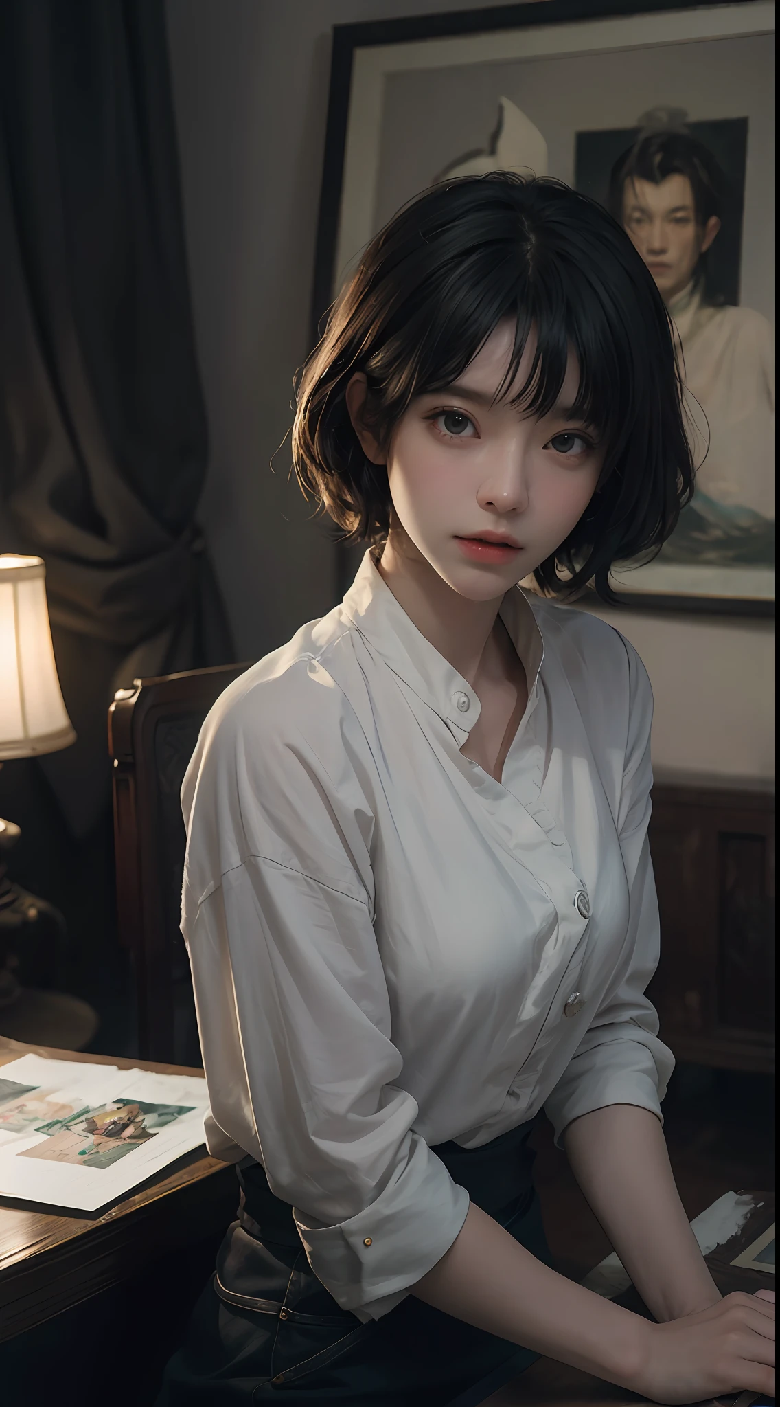 (RAW photo, best quality), (realistic, photorealistic: 1.3), highest quality, high definition, masterpiece, super detail, illustration, 1girl, whole body, dynamic angle, world masterpiece theater, messy_short_hair, best quality, highly detailed CG Unity 8k wallpaper, ink, amazing, cinematic lighting, lens_flare, dunhuang_ style