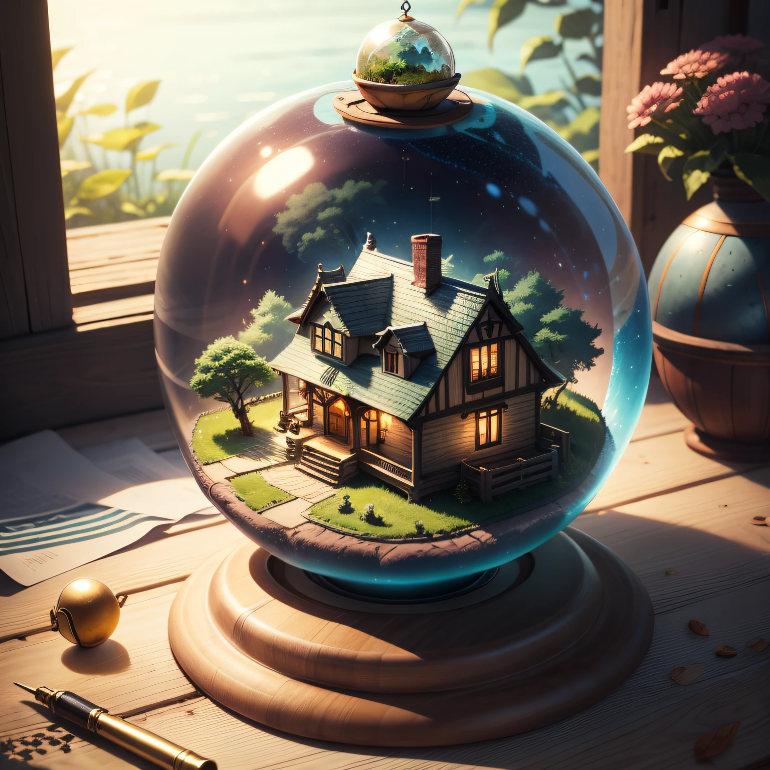 a small, summer globe with a house inside, summer, trees, and a pond