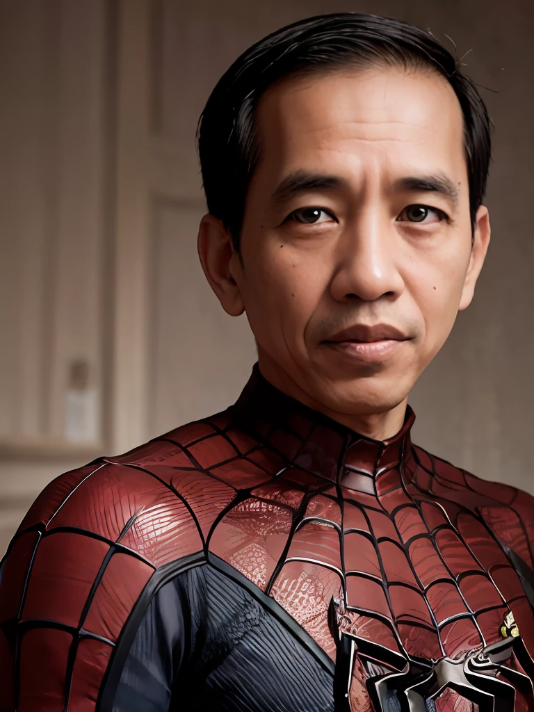 4k, Best quality, masterpiece, ultra high res, beautiful lighting, (realistic, photo-realistic:1.4), realistic background, jokowi, 1man, 50 years old, spiderman, open_mask,
