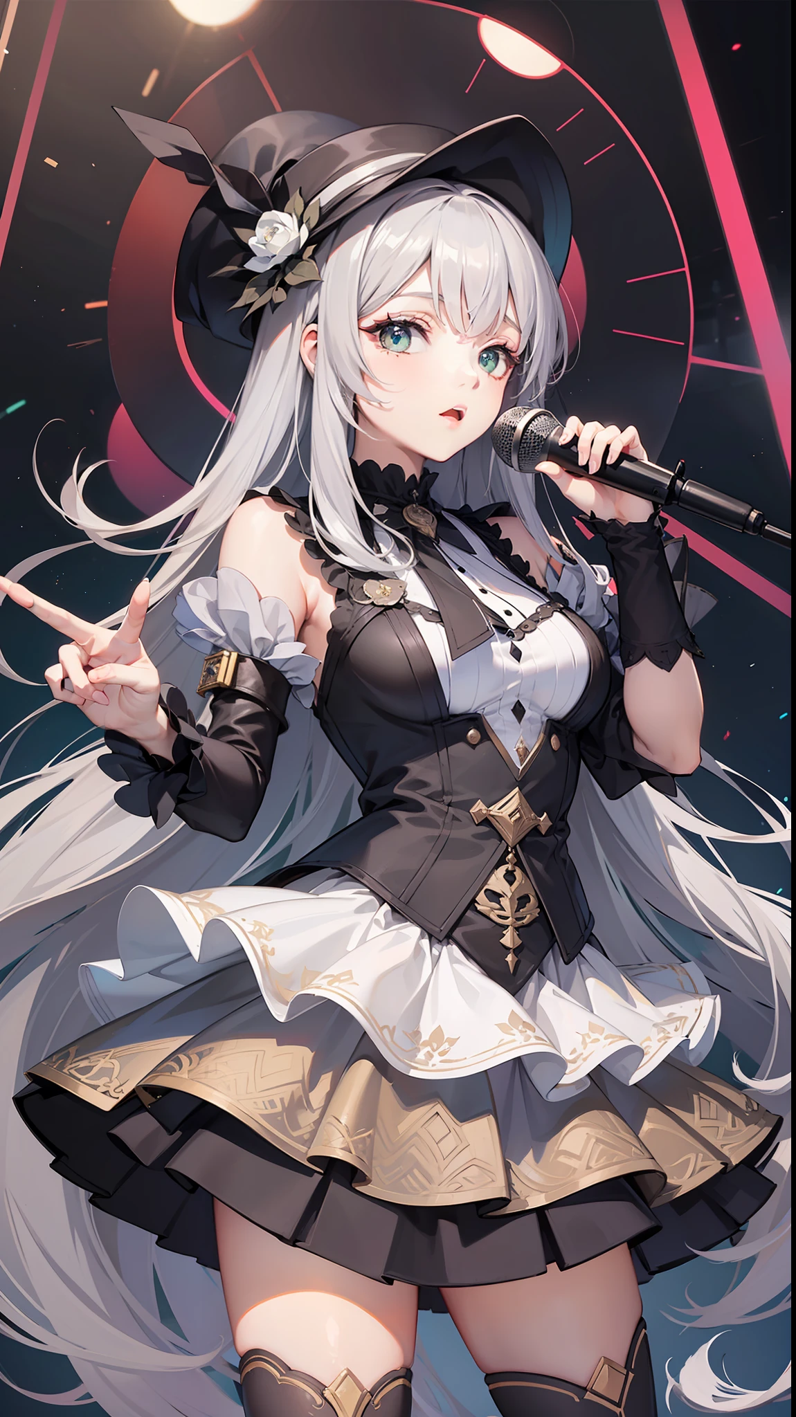 Vtvzny, zjfi, (best quality), (masterpiece), detailed grey and white hair, green eyes, 1girl, full body, (1girl: 1.5), singing, (grand: 1.2), neon///, + colorful//, (Stage: 1.4), Lines of simple, white background, delicate eyes//, (delicate face: 1.2), delicate dress, White flower tiara, loli, White hair, Elegant hair, Long hair, Face the audience clock, (Neon lights ), blood, Pigeon, (dynamic, motion blur: 1.2), ray tracing, (microphone: 1.2), crowd ,