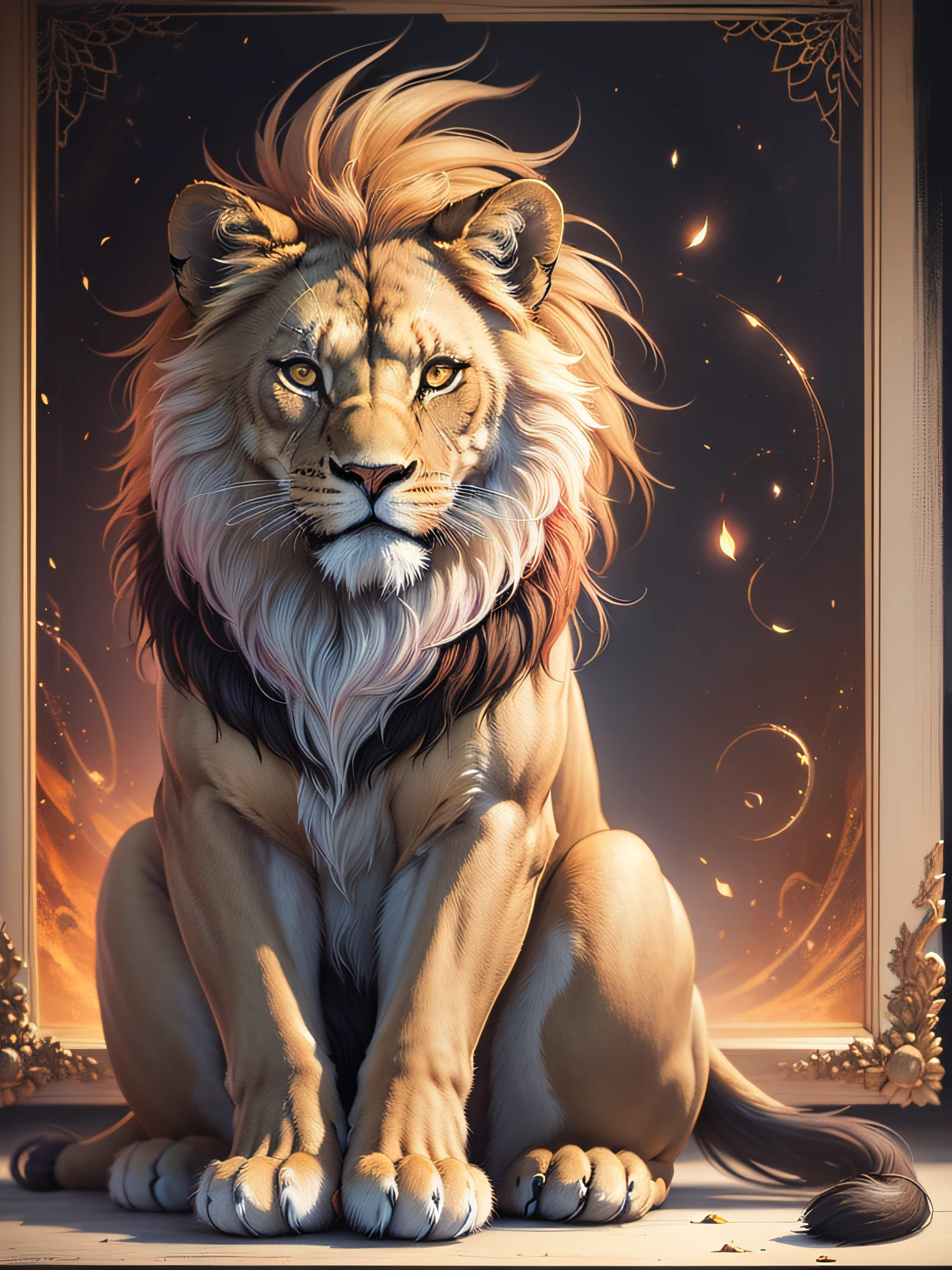 A real lion, perched on top of a cliff, looking towards the golden horizon of the sunset, his golden mane illuminated by the last rays of sun, the wind caressing his fur and leaving his footprints in the sand, an oil painting on canvas, with loose brushstrokes that capture the majesty and serenity of the king of the savannah, 8K, super realistic.