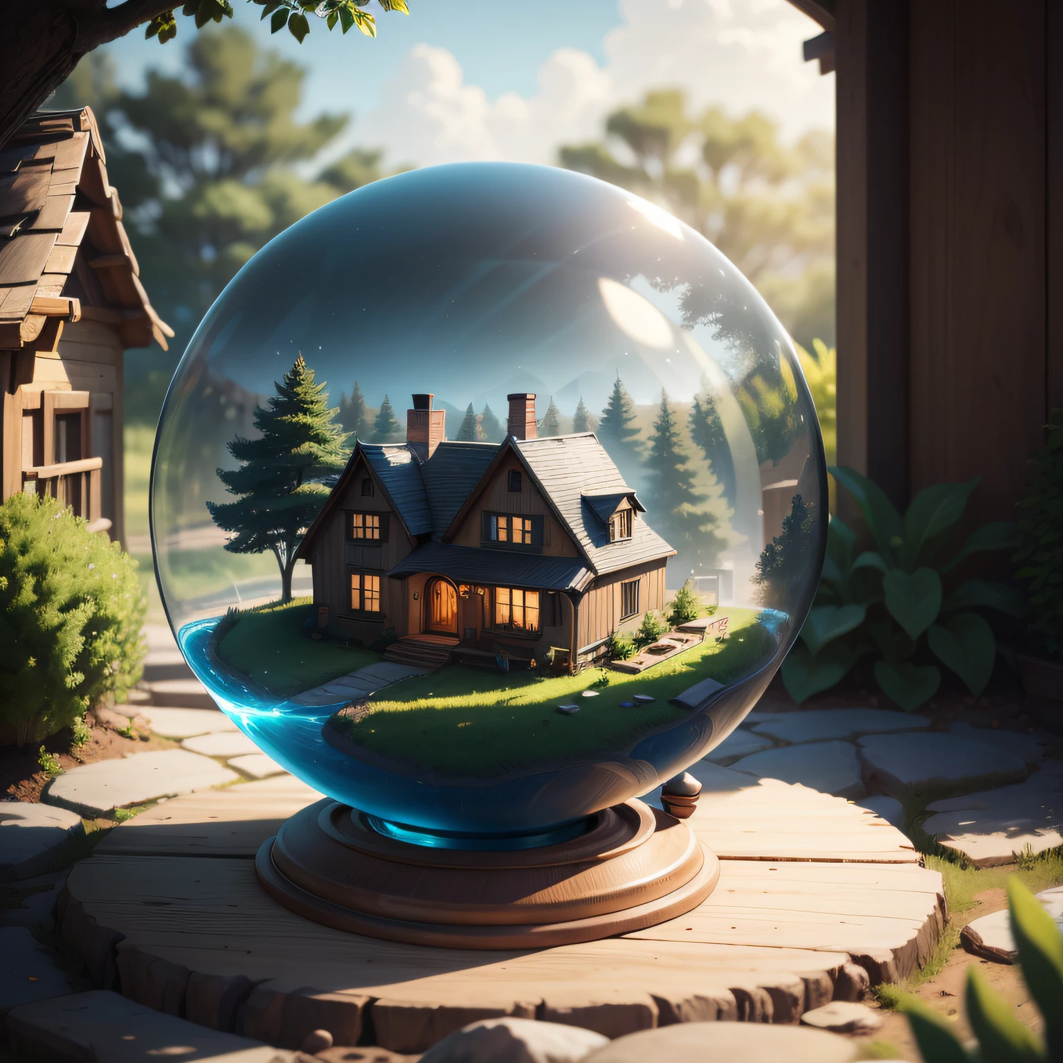 a small, summer globe with a house inside, summer, trees, and a pond