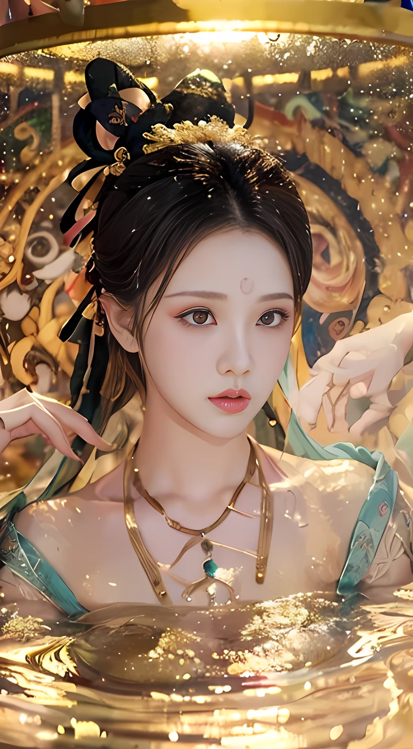 Beauty blogger's recommended app homepage, asking for women's side faces, display of cosmetic products, from left, beautiful romantic skin impeccable, 8k portrait of beautiful young woman semi-submerged in fog-shrouded lake, intricate, elegant, highly detailed, majestic, digital photography, surrealism wet lacquer gold ribbon with filigree, broken glass, rembrandt lamp, 8k HD, clear outer contour, background blur, shutter 300, FM5