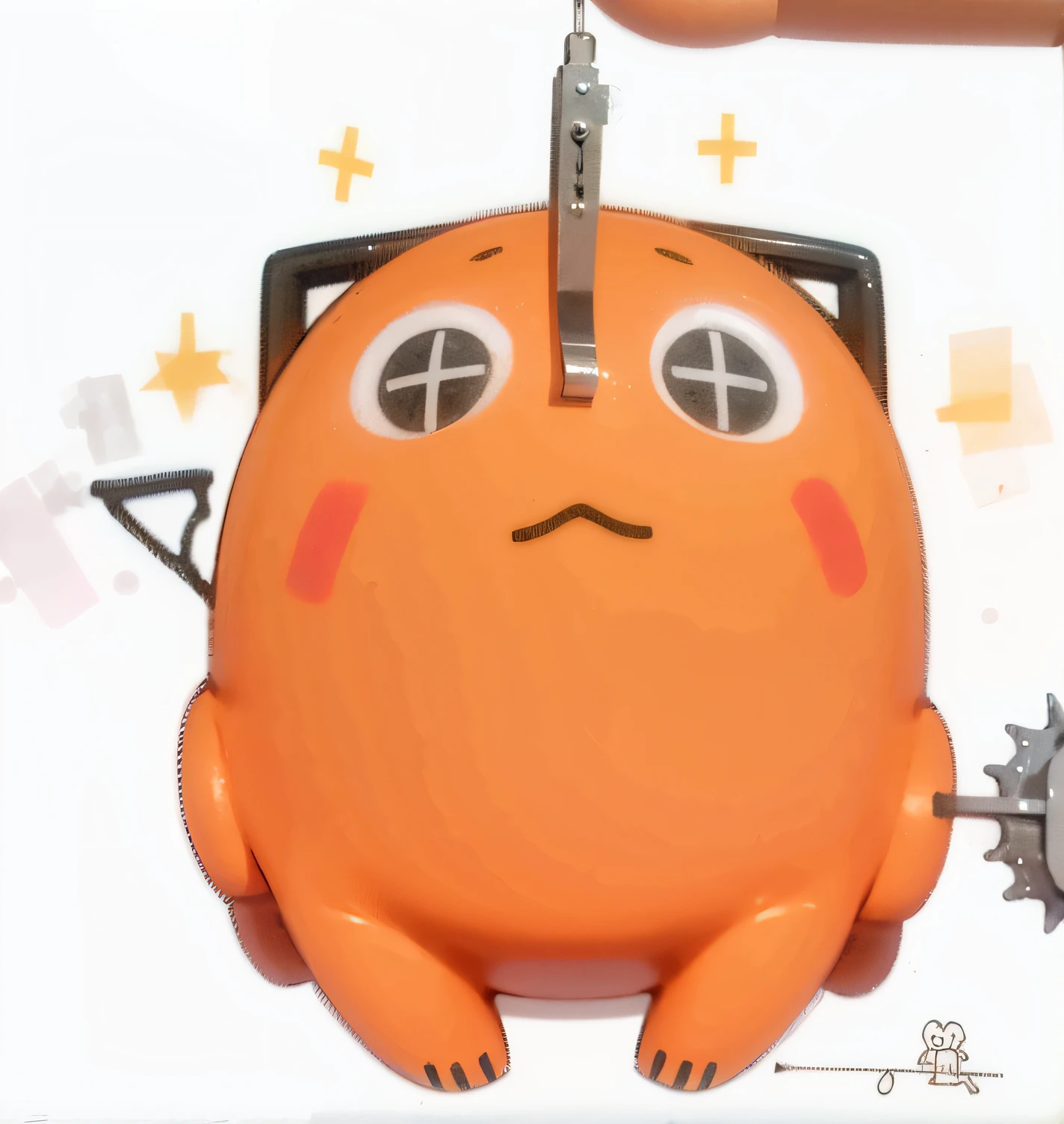 Masterpiece, 3D, cute plush doll, a chainsaw stuck above the nose, a fluffy belly, a cute image,