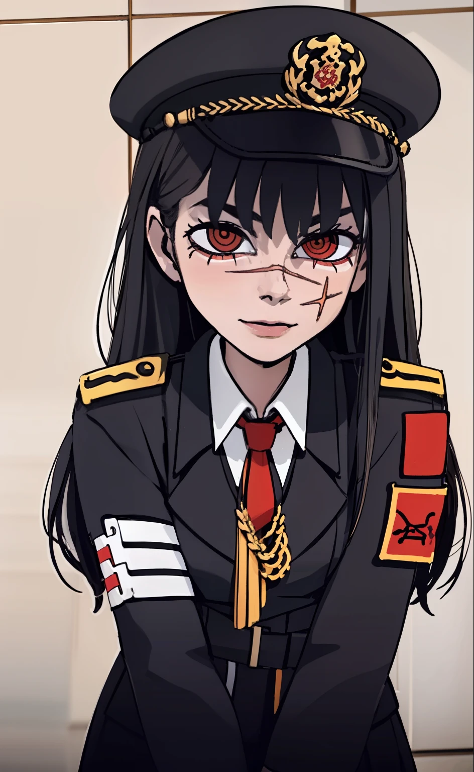 (masterpiece, best quality: 1.2), Solo, 1girl, Yoru \(Chainsaw Man\), looking at the viewer, different poses, red eye, long hair, completely black hair, reference to clothing of a German WWII general, black long sleeves (best quality), scar on face, beautiful eyes, has only 2 arms, has war medals on his clothes, Black Military Cap, Golden Eagle Medal on Clothing,  (Wallpaper), (8K HD), (8K HD), Golden Shoulder Pads, Sprites, 1 Single Design (masterpiece, best quality: 1.2), Solo, 1girl, Yoru \(Chainsaw Man\), looking at the viewer, smile, happy, different poses, red eye, long hair, completely black hair, reference to clothing of a German WWII general, black long sleeves (best quality), scar on face,  beautiful eyes, has only 2 arms, has war medals on his clothes, black military cap, golden eagle medal on clothing, (wallpaper), (8K HD), (8K HD), (8K HD), golden shoulder pads, sprites, 1 single design