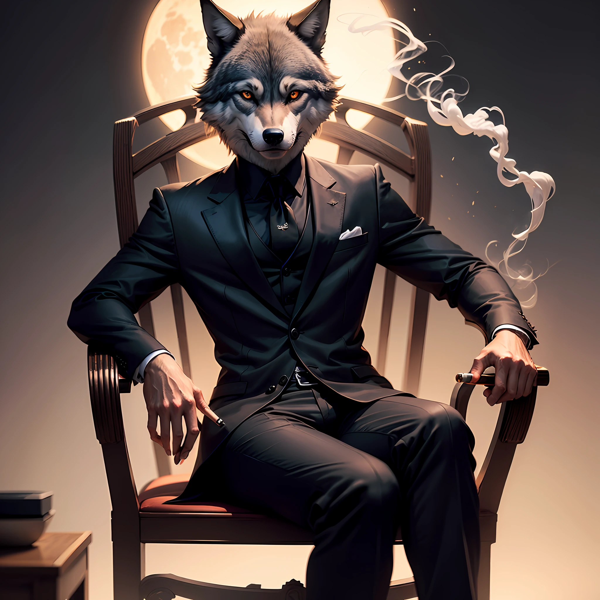 a wolf dressed in a black suit with a cigarette in his hand, sitting in a chair elegantly, luxurious chair, moon in the background, mysterious aura, enigmatic gaze, dramatic light, sharp focus --auto