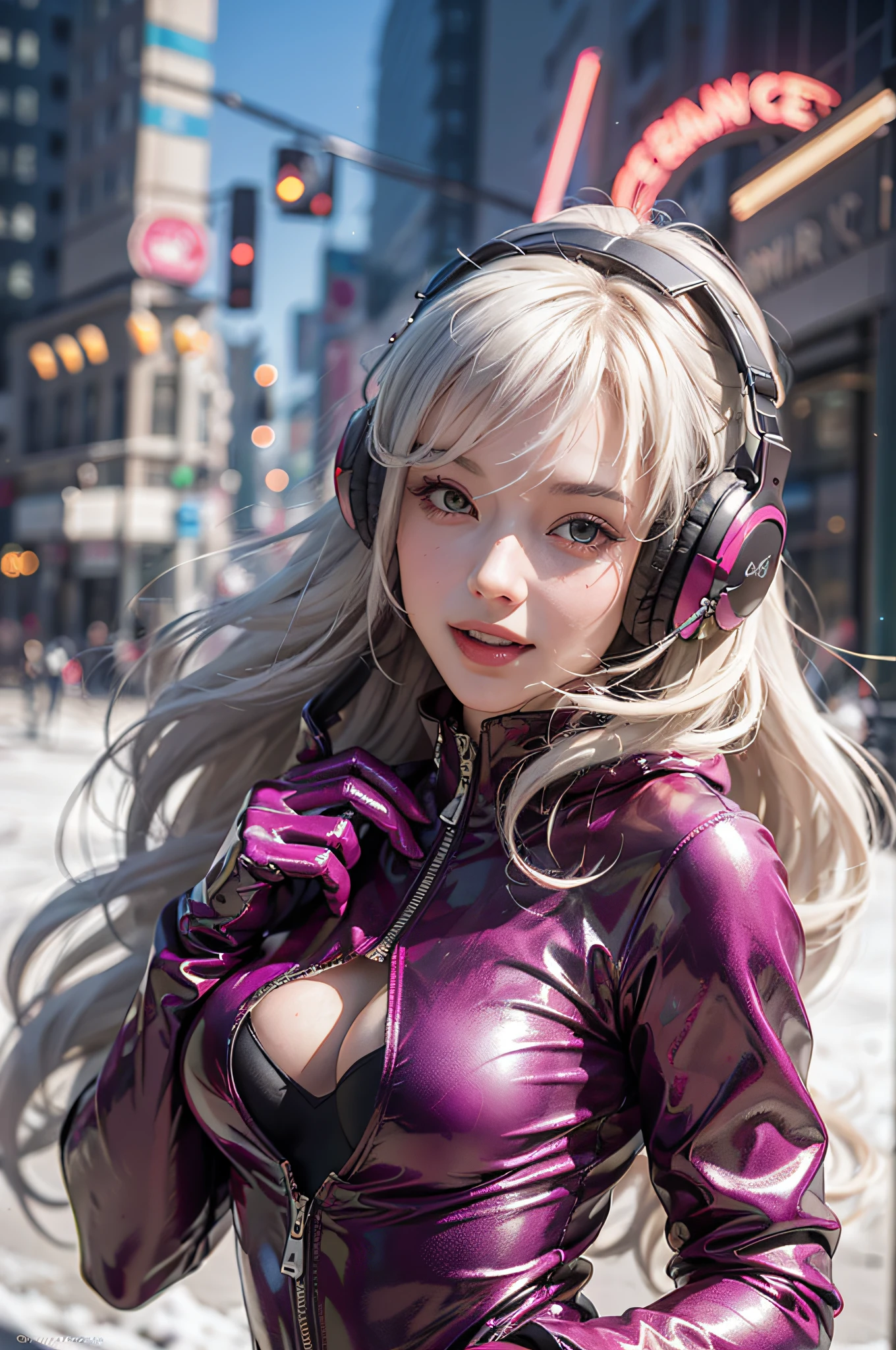 (RAW photo, best quality, masterpiece:1.2), (realistic, photo-realistic:1.4),(masterpiece:1.4),(best quality:1.4),1girl, solo, :d, animal ear headphones, animal ears, arms up, bangs, blush, bodysuit, breasts, bunny pose, clothes writing, covered navel, cowboy shot, cropped jacket, fake animal ears, gloves, outdoor,morning,snow, hair intakes, headphones, impossible bodysuit, impossible clothes, jacket, small breasts, latex, latex bodysuit, long hair, long sleeves, looking at viewer, small breasts, multicolored gloves, open mouth, purple bodysuit, pink eyes, red eyes, red jacket, shiny clothes, shrug \(clothing\), sidelocks, skin tight, smile, thigh gap, thighs, twintails, very long hair, white gloves, white hair,alice \(nikke\),(shiny skin),realistic,