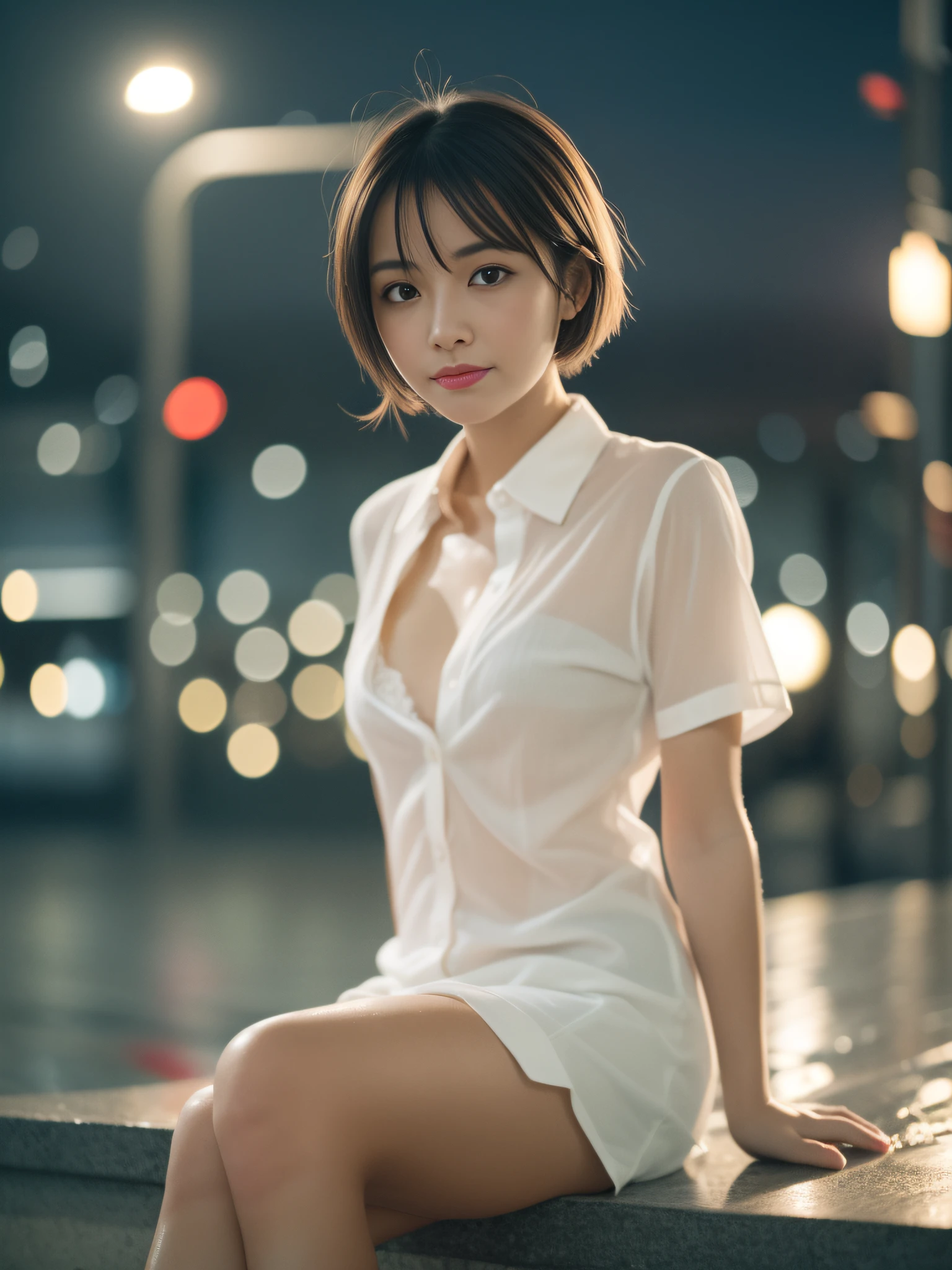 (8k, best quality, masterpiece:1.2), (realistic, photo-realistic:1.37), super detailed, 1 girl, cute, solo, beautiful detailed sky, detailed cafe, night, sitting, dating, ( red nose), (smile: 1.15), (shut up) small breasts, beautiful and delicate eyes, (collared shirt: 1.1), night, wet, business attire, rain, white lace, (short hair: 1.2), floating hair NovaFrogStyle , topless,