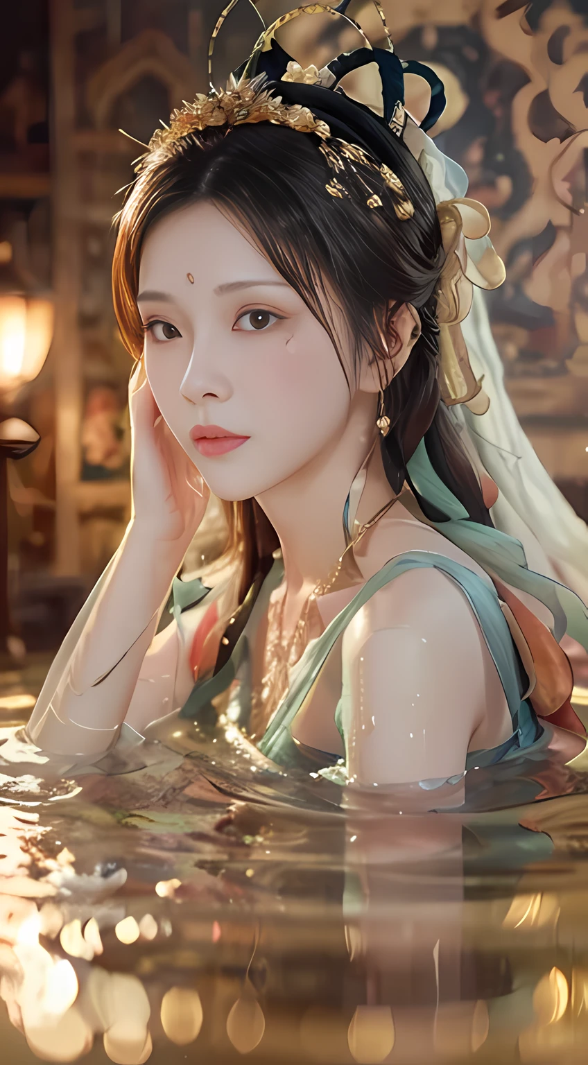 Beauty blogger's recommended app homepage, asking for women's side faces, display of cosmetic products, from left, beautiful romantic skin impeccable, 8k portrait of beautiful young woman semi-submerged in fog-shrouded lake, intricate, elegant, highly detailed, majestic, digital photography, surrealism wet lacquer gold ribbon with filigree, broken glass, rembrandt lamp, 8k HD, clear outer contour, background blur, shutter 300, FM5