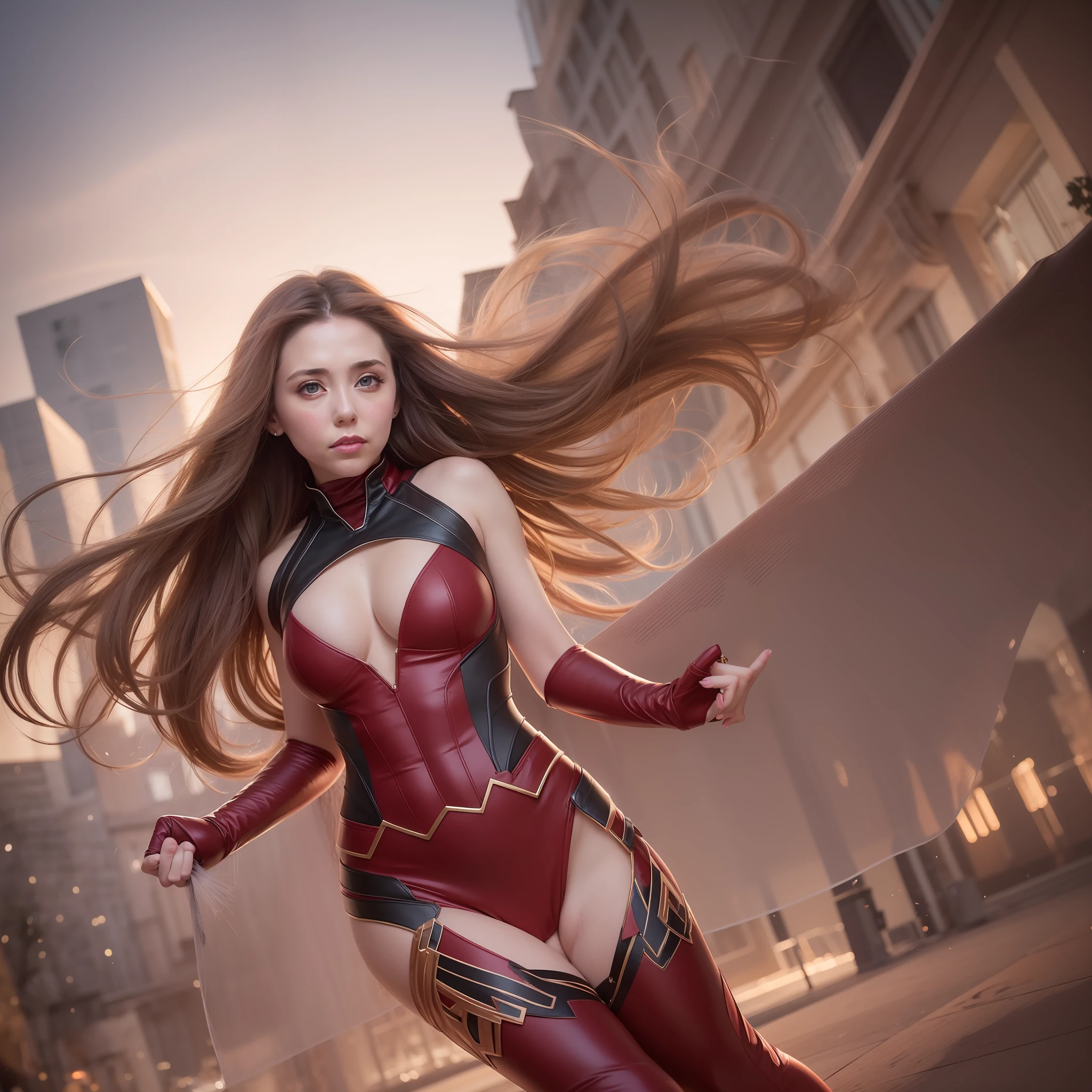 Elizabeth Olsen, 1girl, solo, full body, long hair, breasts, busty, looking at viewer, brown hair, black hair, cleavage,  red color dress, red dress, scarlet witch headband, translucent, translucent dress, high side slit, show thigh, long boots, floating, flying, legs straight down, multicolored hair, lips, realistic, glowing eyes, Hyperrealism, perfect proportion body, good proportion body, glowing light, ray tracing, backlighting, rim light, lughbathing, bokeh, f/1.2, Canon, best quality, anatomically correct, high details, super detail, high quality, best quality, 16k