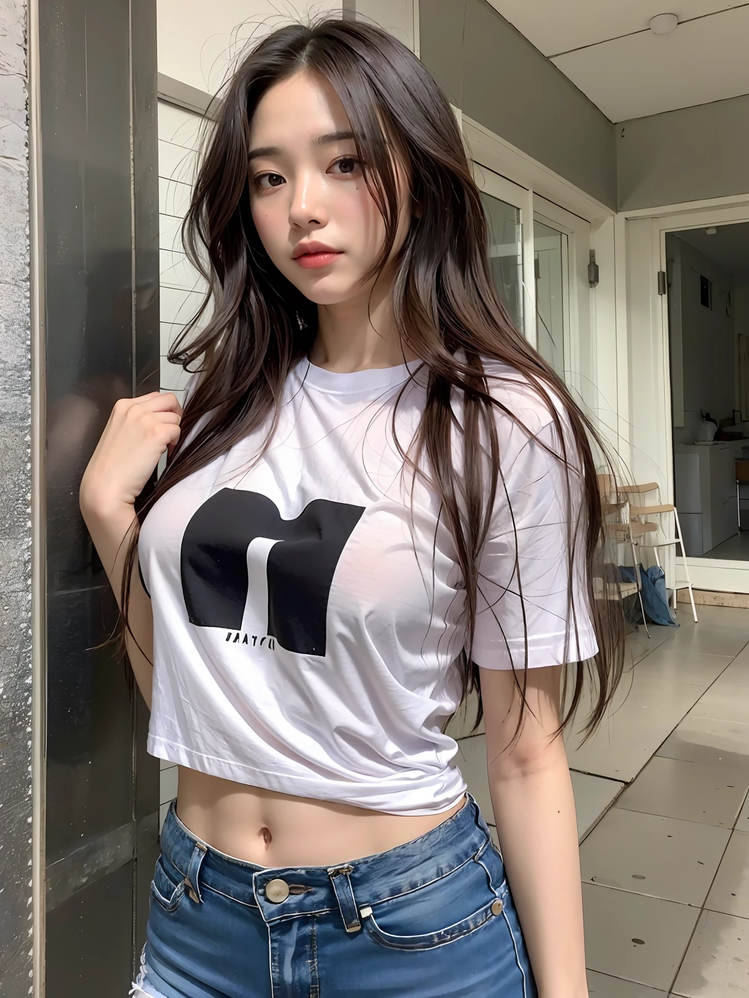A -yeld giis wearing clothes looking hot. She has a delicate figure and large breasts that do not resemble it. She has a beautiful face with small eyes and transparent skin. Her hair is short, light brown and wavy to the tips. Lower breasts are visible through the folded T-shirt.