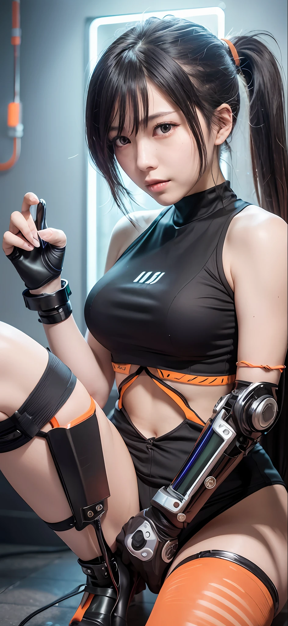 Cyberpunk, Female Cyborg, Special Ability, Uniform, Mechanized Enhancement, Beauty, Black Hair, Japan, Knee Up, Fine Face, Fine Body, Ponytail, Mechanical Eyes, ((Orange Eyes: 1.2)), Glowing Eyes, Prosthetic Hand, Prosthetic Leg, Full Body