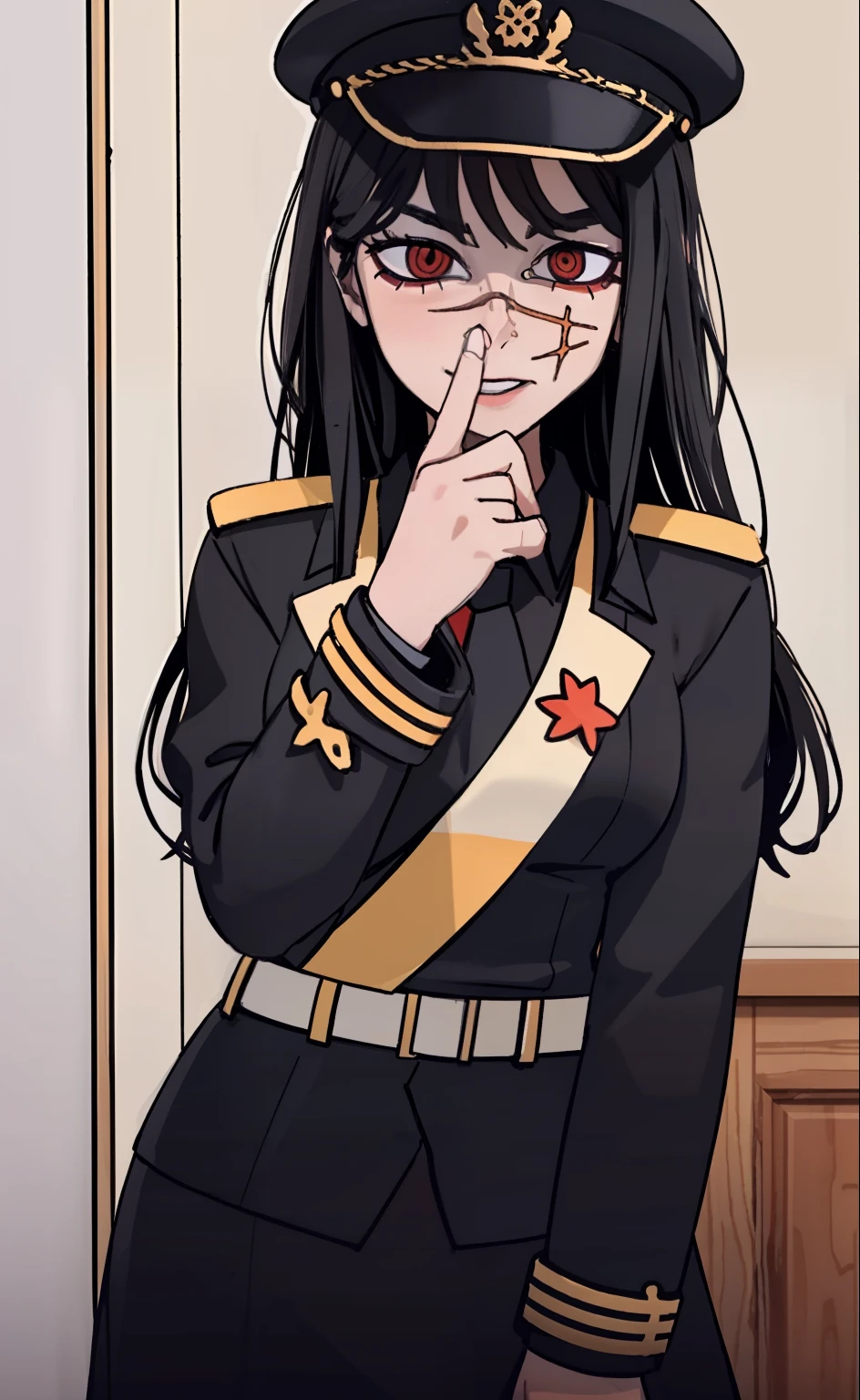 (masterpiece, best quality: 1.2), Solo, 1girl, Yoru \(Chainsaw Man\), looking at the viewer, different poses, red eye, long hair, completely black hair, reference to clothing of a German WWII general, black long sleeves (best quality), scar on face, beautiful eyes, has only 2 arms, has war medals on his clothes, Black Military Cap, Golden Eagle Medal on Clothing, (Wallpaper), (8K HD), (8K HD), Golden Shoulder Pads, Sprites, 1 Single Design (masterpiece, best quality: 1.2), Solo, 1girl, Yoru \(Chainsaw Man\), looking at the viewer, smile, happy, different poses, red eye, long hair, completely black hair, reference to clothing of a German WWII general, black long sleeves (best quality), scar on face, beautiful eyes, has only 2 arms, has war medals on his clothes, black military cap, golden eagle medal on clothing, (wallpaper), (8K HD), (8K HD), (8K HD), golden shoulder pads, sprites, 1 single design