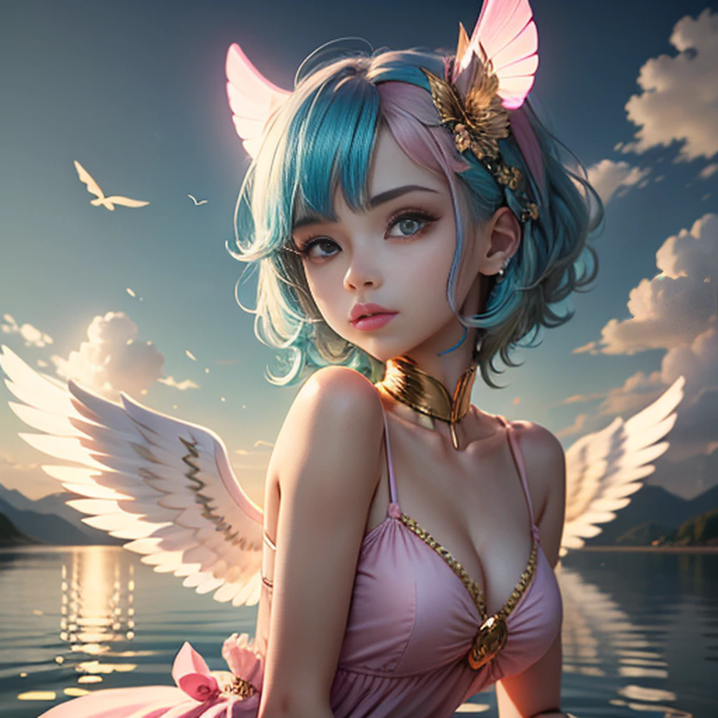 Masterpiece, {beauty},solo,1 girl, pink dress, golden pupils,fantastic hair, neon background white wings, cloud background, lake blue hair
