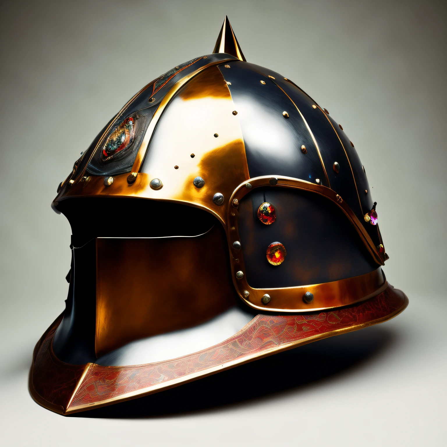 Medieval helmet, sturdy metal, inlaid with gemstones, shimmering, tall and majestic shape, pointed conical shape to add a majestic atmosphere, helmet eye ruby, burning flame, gorgeous appearance and bravery. --auto