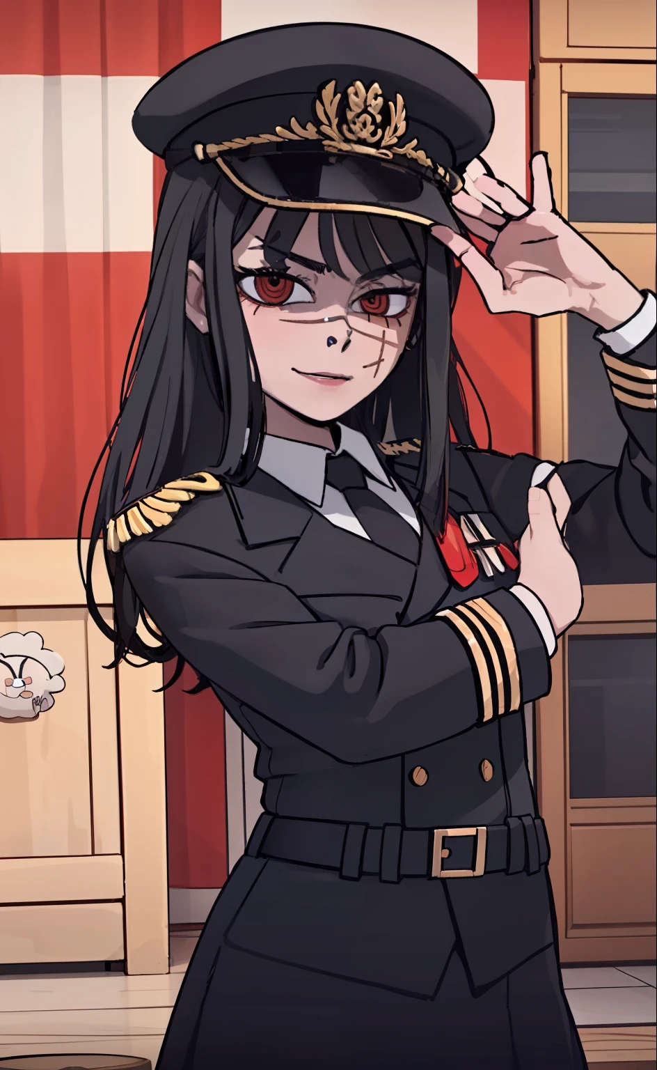 (masterpiece, best quality: 1.2), Solo, 1girl, Yoru \(Chainsaw Man\), looking at the viewer, different poses, red eye, long hair, completely black hair, reference to clothing of a German WWII general, black long sleeves (best quality), scar on face, beautiful eyes, has only 2 arms, has war medals on his clothes, Black Military Cap, Golden Eagle Medal on Clothing, (Wallpaper), (8K HD), (8K HD), Golden Shoulder Pads, Sprites, 1 Single Design (masterpiece, best quality: 1.2), Solo, 1girl, Yoru \(Chainsaw Man\), looking at the viewer, smile, happy, different poses, red eye, long hair, completely black hair, reference to clothing of a German WWII general, black long sleeves (best quality), scar on face, beautiful eyes, has only 2 arms, has war medals on his clothes, black military cap, golden eagle medal on clothing, (wallpaper), (8K HD), (8K HD), (8K HD), golden shoulder pads, sprites, 1 single design
