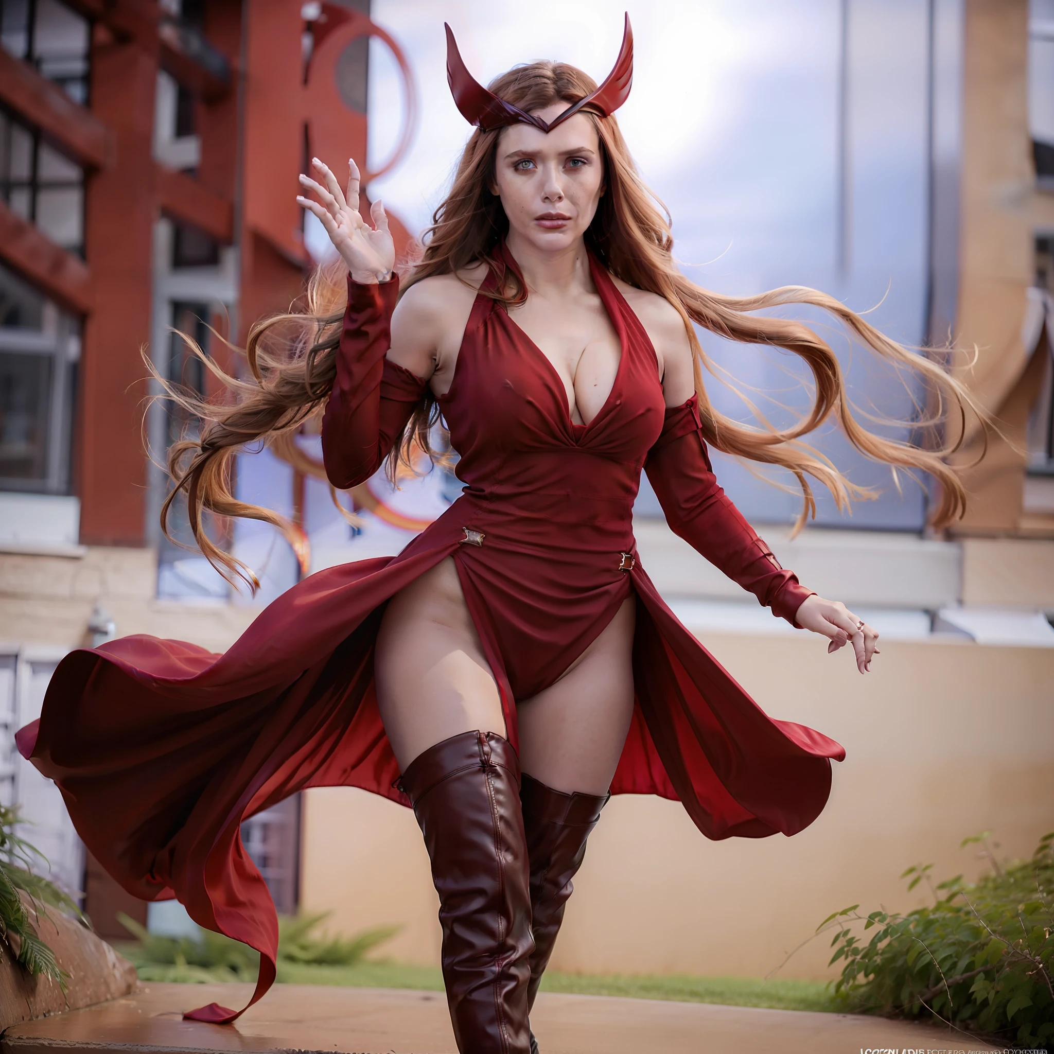 Elizabeth Olsen, ElizabethOlsen, 1girl, solo, angry face, full body, long hair, breasts, busty, looking at viewer, brown hair, black hair, cleavage,  red color dress, red dress, scarlet witch headband, translucent, translucent dress, high side slit, show thigh, long boots, floating, flying, legs straight down, multicolored hair, lips, realistic, red glowing eyes, glowing hand red, red glowing hand, Hyperrealism, perfect proportion body, good proportion body, glowing light, ray tracing, backlighting, rim light, lughbathing, bokeh, f/1.2, Canon, best quality, anatomically correct, high details, super detail, high quality, best quality, 16k