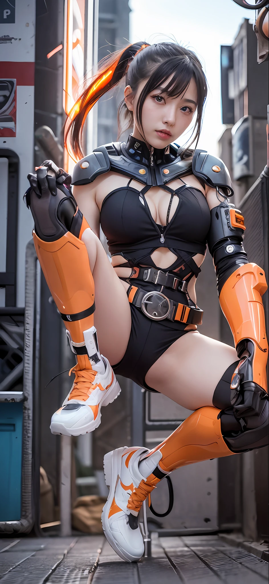 Cyberpunk, Female Cyborg, Special Ability, Uniform, Mechanized Enhancement, Beauty, Black Hair, Japan, Knee Up, Detailed Face, Fine Body, Full Body, Ponytail, Mechanical Eyes, ((Orange Eyes: 1.2)), Glowing Eyes, Prosthetic Hands, Prosthetic Legs