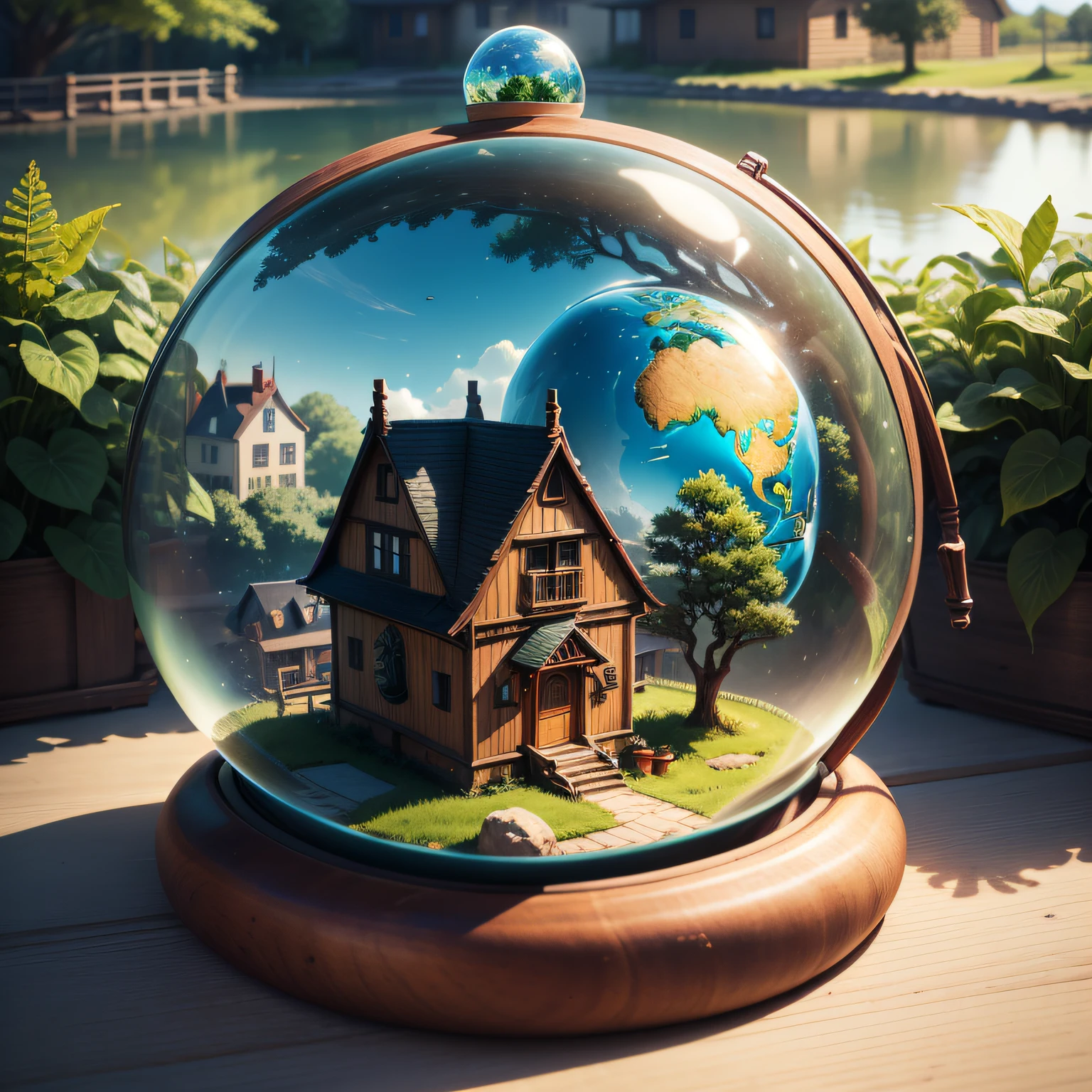 a small, summer globe with a house inside, summer, trees, and a pond