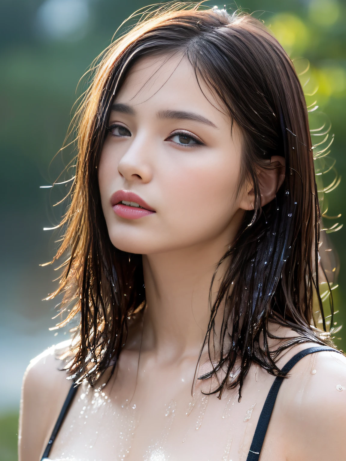 (Top quality, 4k, Masterpiece:1.3), Pretty woman, 1 woman, (breasts, attractive body:1.2), abs:1.1, dark brown hair:1.1, (rainy wet, wet in the rain, wet torso: 1.2), very fine face, delicate lips, delicate eyes, double eyelids, sparkling eyes, sparkling lips,