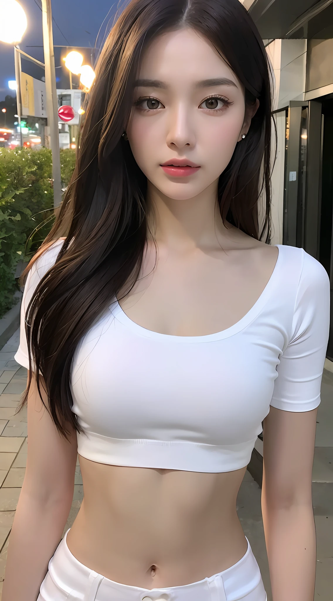 ((Realistic lighting, Best quality, 8K, Masterpiece: 1.3)), Clear focus: 1.2, 1girl, Perfect Figure: 1.4, Slim Abs: 1.1, ((Dark brown hair)), (White crop top: 1.4), (Outdoor, Night: 1.1), City streets, Super fine face, Fine eyes, Double eyelids,