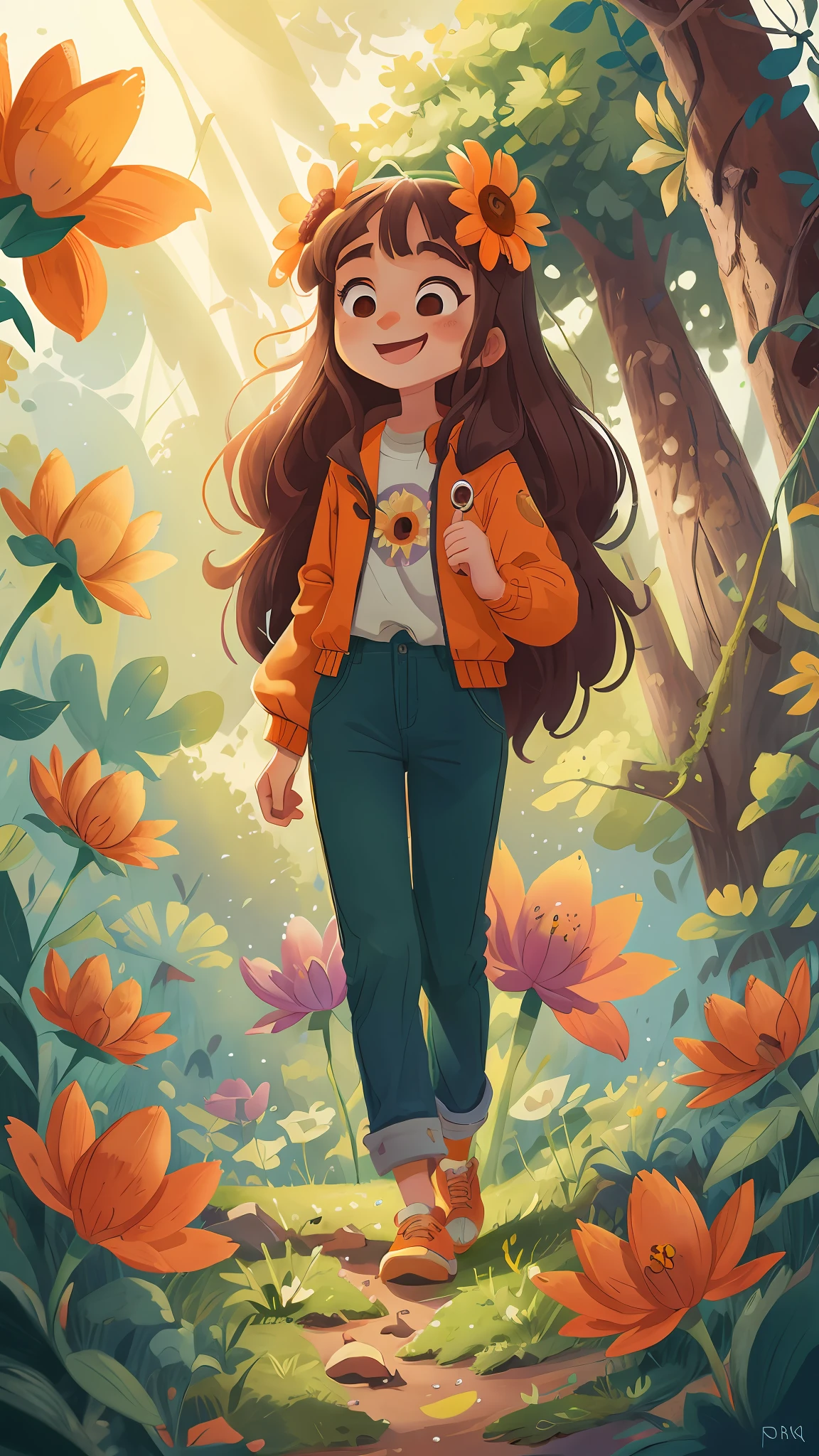 (Ultra Wide Angle Lens), (Best Masterpiece), 8K, Dense Trees, Sea of Flowers, Verdant Leaves, Visually Exquisite and Beautiful, Full of Sunshine, Outer Border, Solo, Beautiful Long-Haired Girl, Girl with a Smile, Innocent and Cute, Wearing Pants, Holding a Flower in the Right Hand to Send Forward, Left Hand Down, Orange Flowers, Bright Sun, Meadow, Expanse
