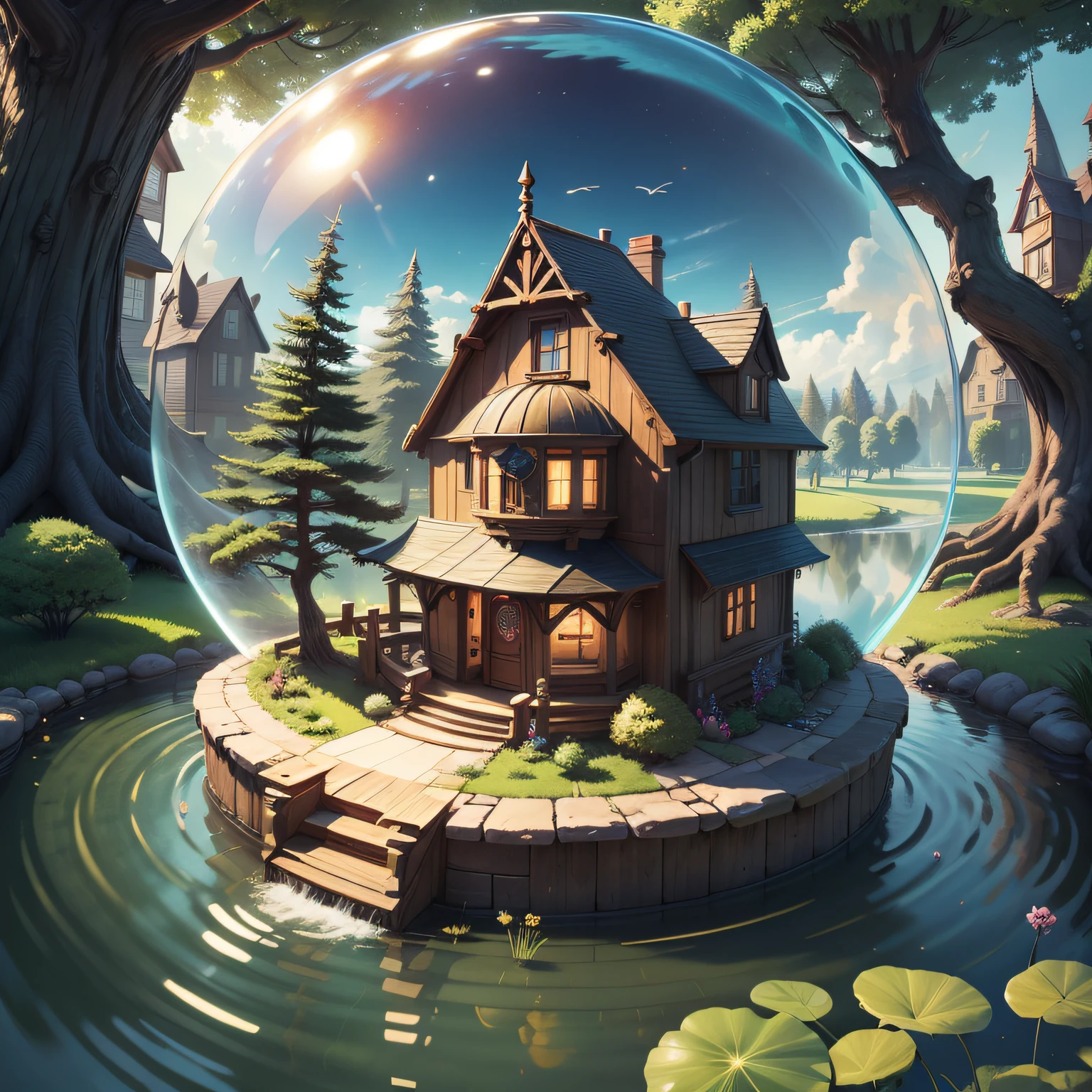a small, summer globe with a house inside, summer, trees, and a pond