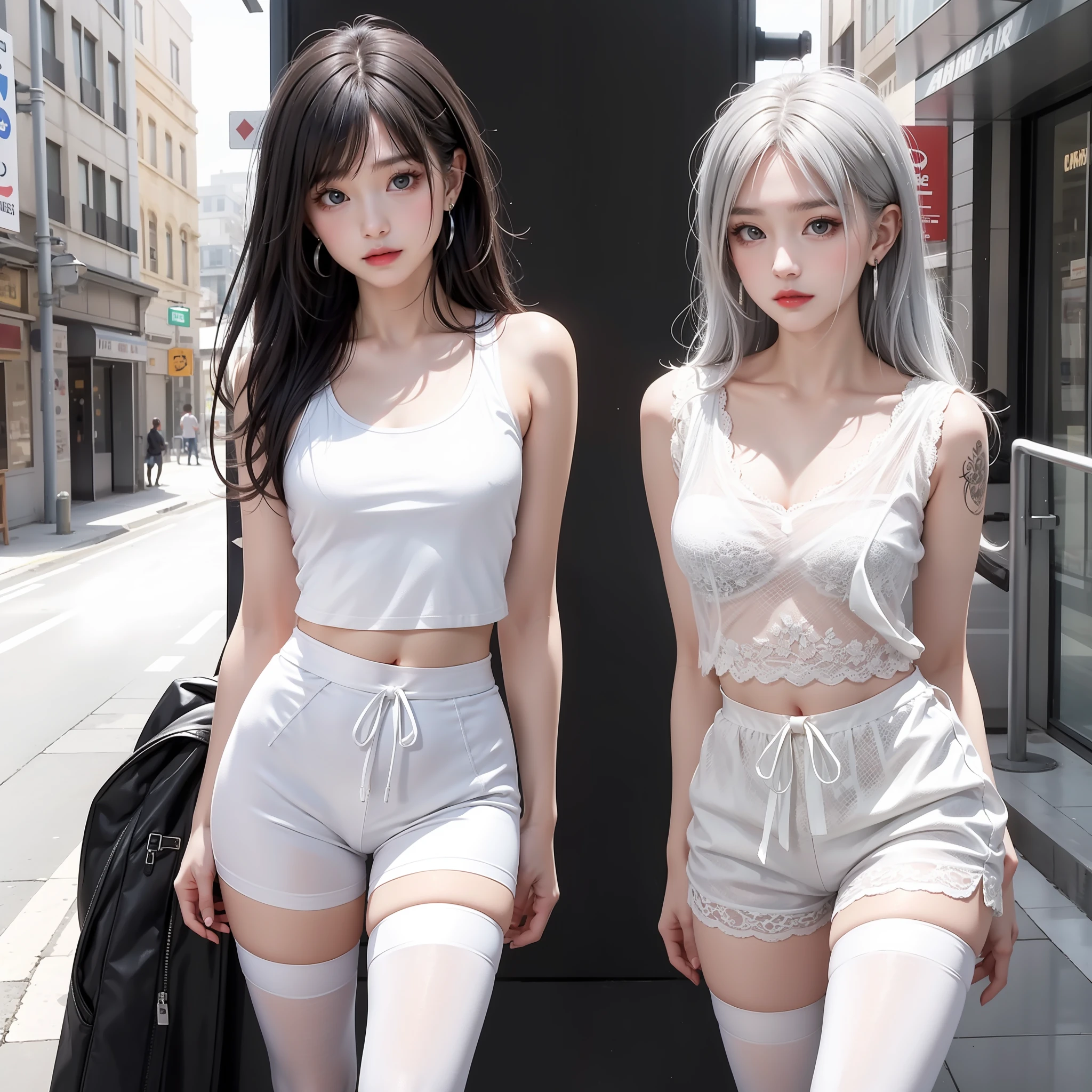 Urban beautiful girl college student, masterpiece, light makeup, red lips, silver hair, messy long hair, street background, beautiful, elegant. Super fine details, master works, real texture, movie lighting realism, perfect work, 8k, HD, exquisite facial features, white tight open-chested top, transparent white tight shorts, black tights, slim figure, pear-shaped body, small man's waist, vest line, collarbone, bright big eyes, smooth skin, earrings, tattoos, beautiful long legs