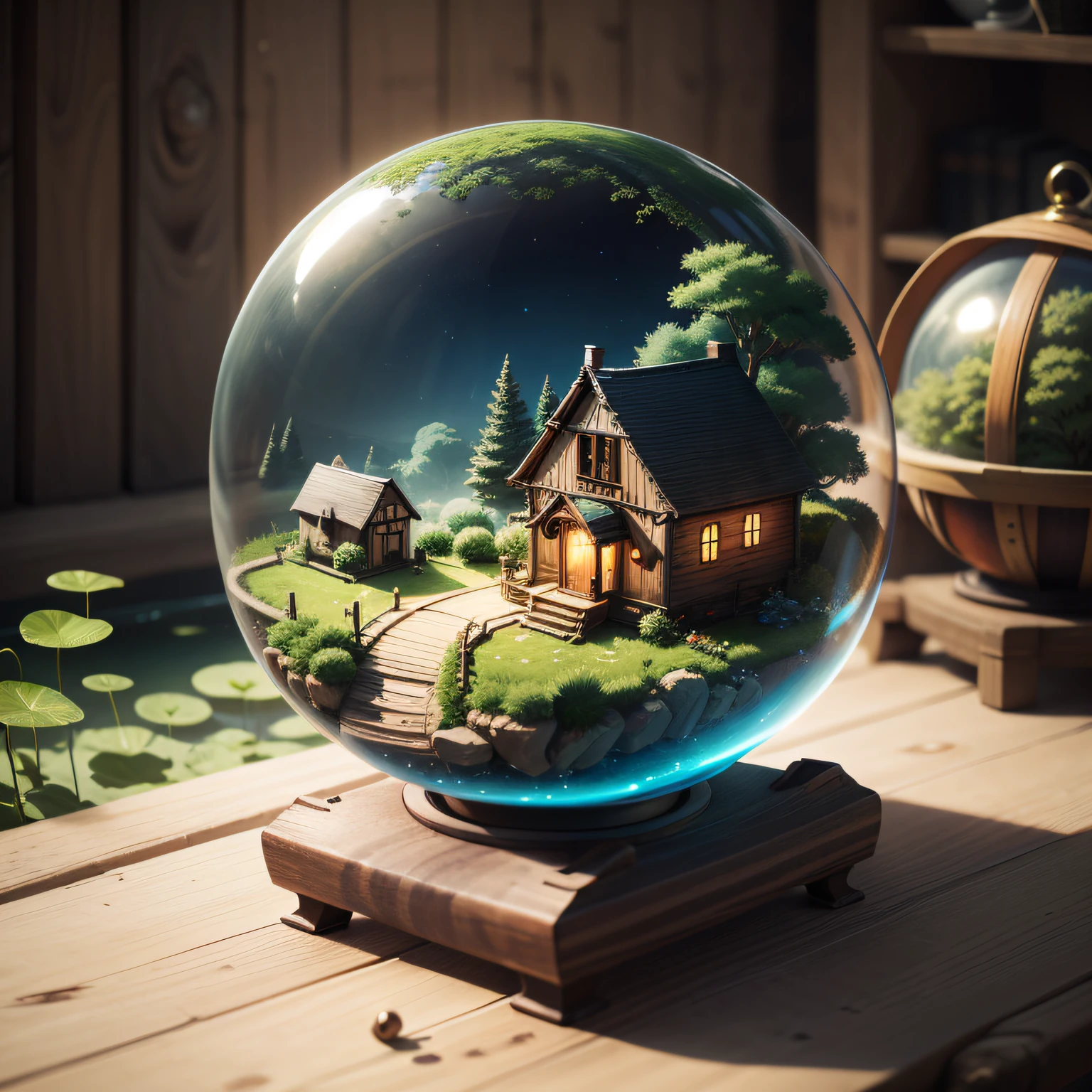 a small, summer globe with a house inside, summer, trees, and a pond