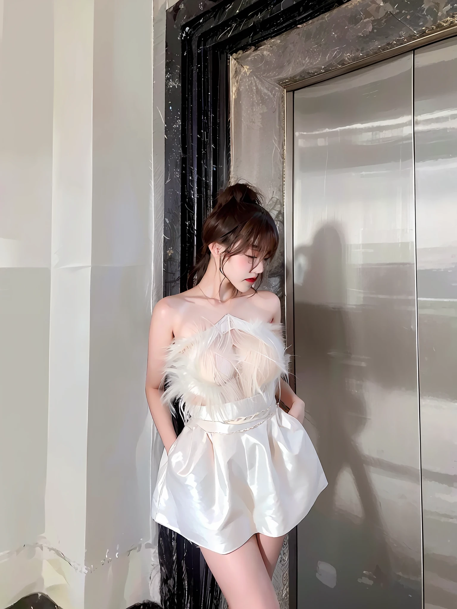 there is a woman standing in front of a metallic elevator, sha xi, chiho, 奈良美智, dilraba dilmurat, 中 元 节, sakimichan, heonhwa choe, shikamimi, wearing a feather dress, 🤬 🤮 💕 🎀