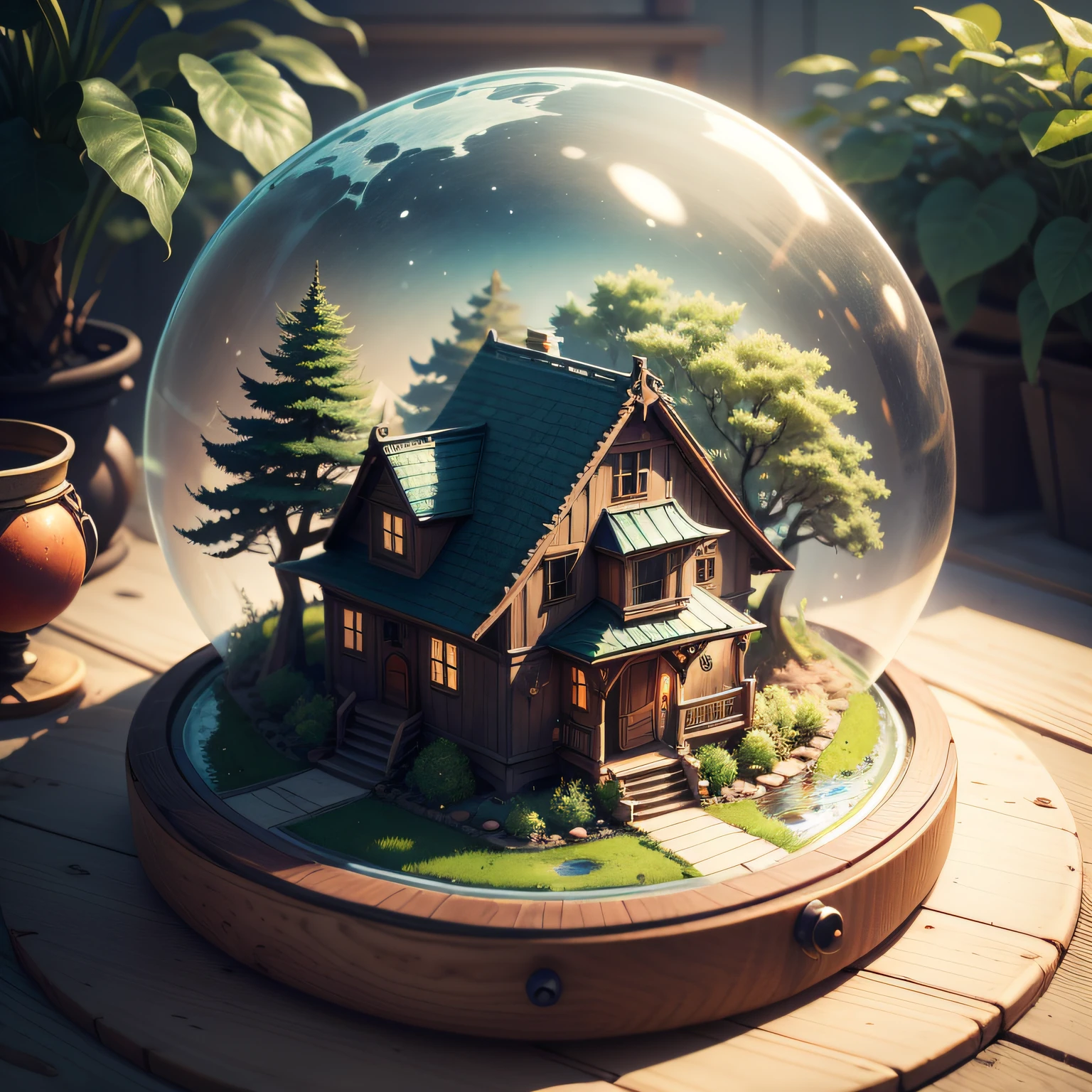 a small, summer globe with a house inside, summer, trees, and a pond