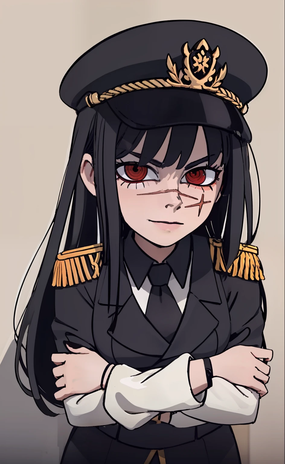 (masterpiece, best quality: 1.2), Solo, 1girl, Yoru \(Chainsaw Man\), looking at the viewer, different poses, red eye, long hair, completely black hair, reference to clothing of a German WWII general, black long sleeves (best quality), scar on face, beautiful eyes, has only 2 arms, has war medals on his clothes, Black Military Cap, Golden Eagle Medal on Clothing, (Wallpaper), (8K HD), (8K HD), Golden Shoulder Pads, Sprites, 1 Single Design (masterpiece, best quality: 1.2), Solo, 1girl, Yoru \(Chainsaw Man\), looking at the viewer, smile, happy, different poses, red eye, long hair, completely black hair, reference to clothing of a German WWII general, black long sleeves (best quality), scar on face, beautiful eyes, has only 2 arms, has war medals on his clothes, black military cap, golden eagle medal on clothing, (wallpaper), (8K HD), (8K HD), (8K HD), golden shoulder pads, sprites, 1 single design