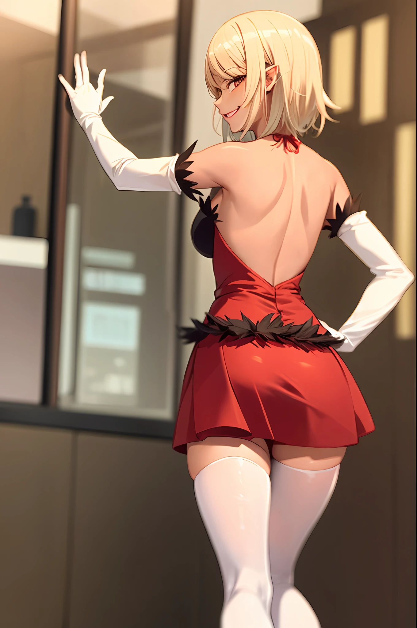 T-back from behind gal tanned skin sensitive smile short_hair hentai mini_skirt short_dress