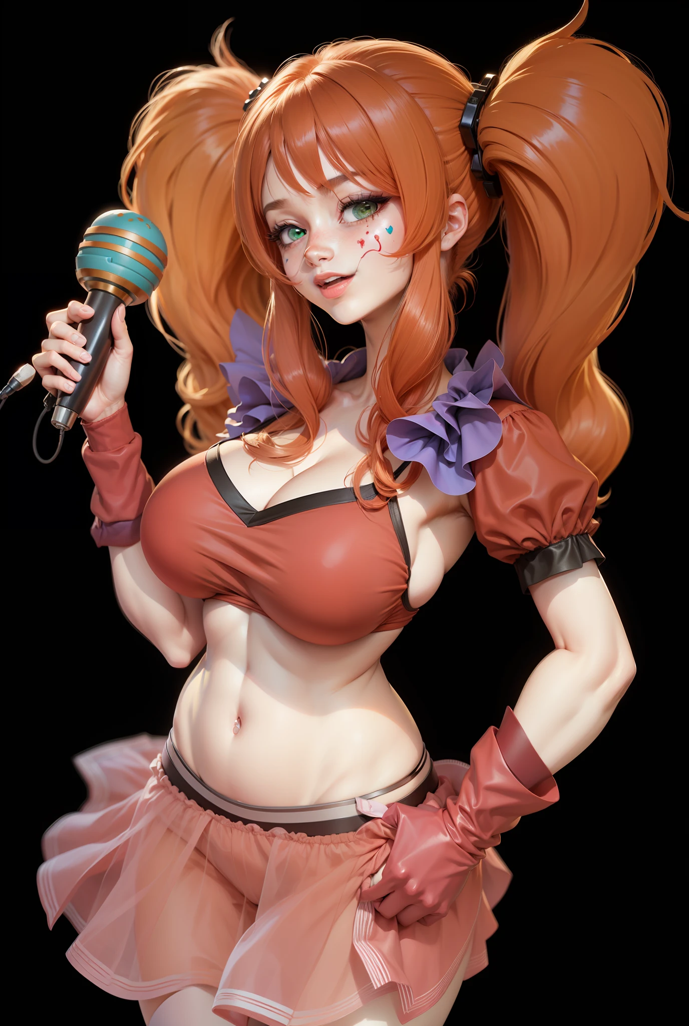 Beautiful clownness, red hair, hairstyle ponytails, sexy lush breasts, beautiful sweet tummy, detailed chest lines, cute face, green eyes, correct facial features, holding a microphone in her hand, 3D rendering, hyper-detailing, hyperrealism