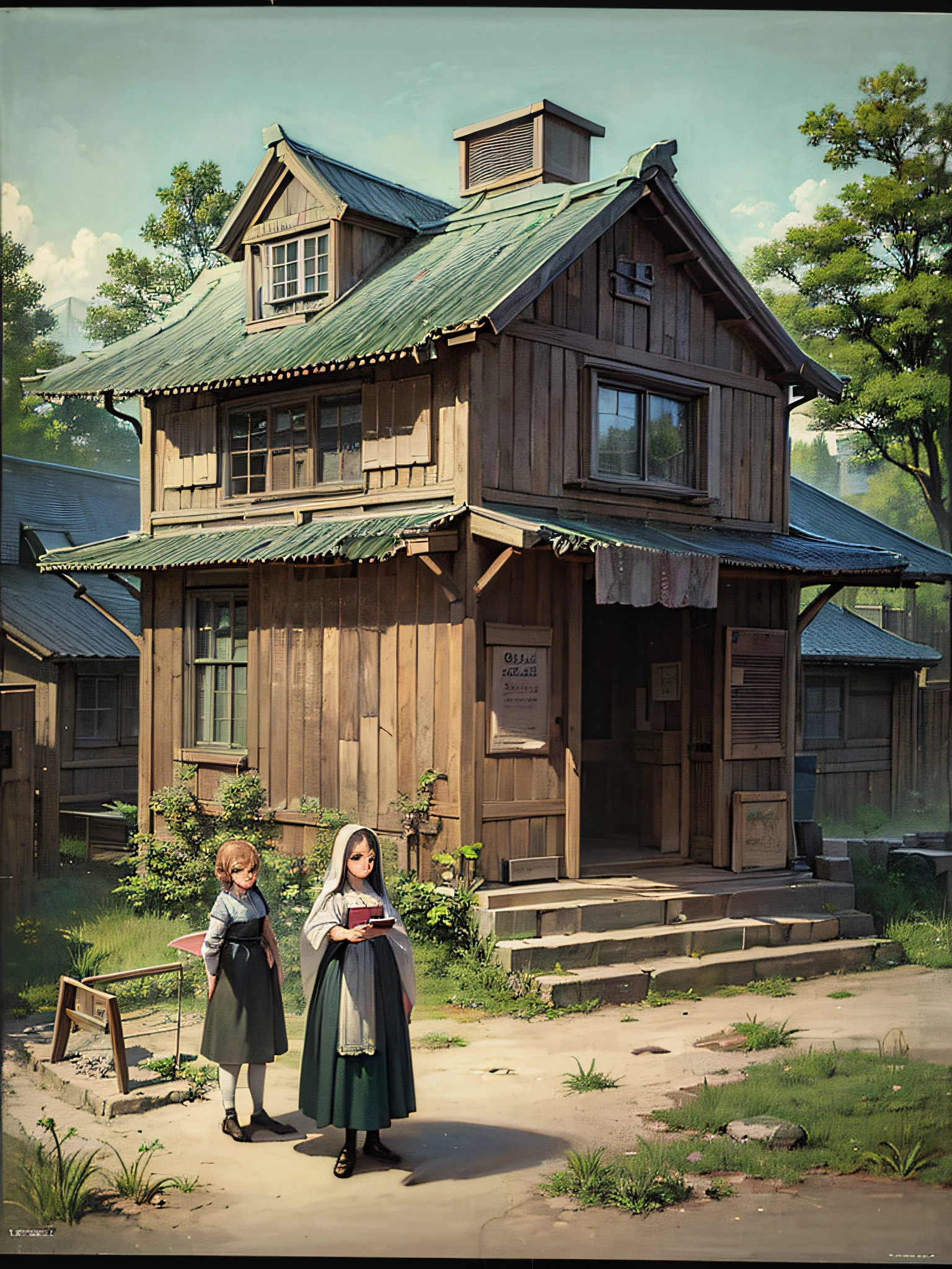 1690s art, ((1900s house,)) classic fairy tales, 910s Japanese rural houses, poor houses, poor people, classical family scenes, film photography, classic family scenery, 19th century fairy tale collection, old life, Kodak, film grain, film photography, concept photography, real, reality, zoom undone, dystopia, cyberpunk, broken world, city of nostalgia