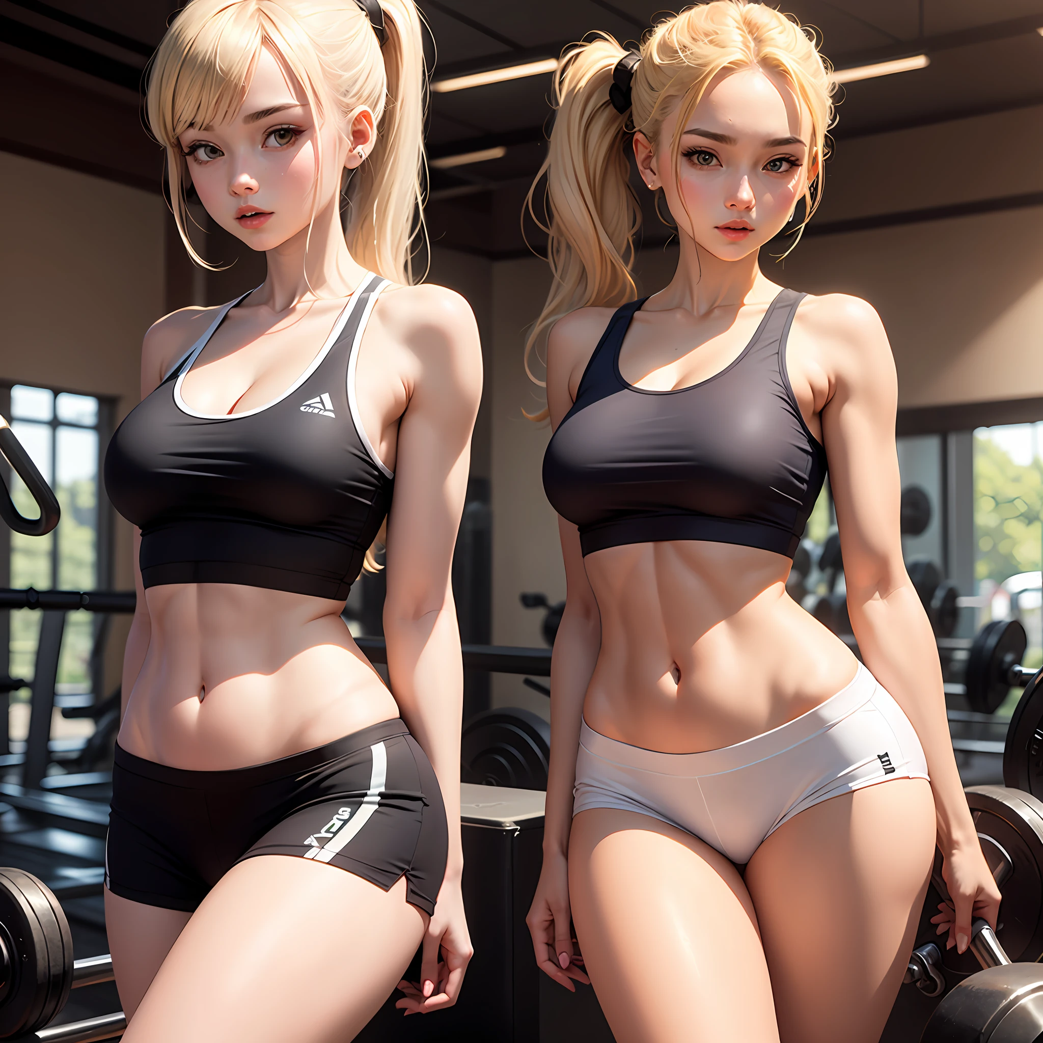 White Mini Skirt Gym Clothes Top Blonde Ponytail Navel Tank Top Real 19 Old Thigh Upper Arm Clavicle Real Sexy --auto