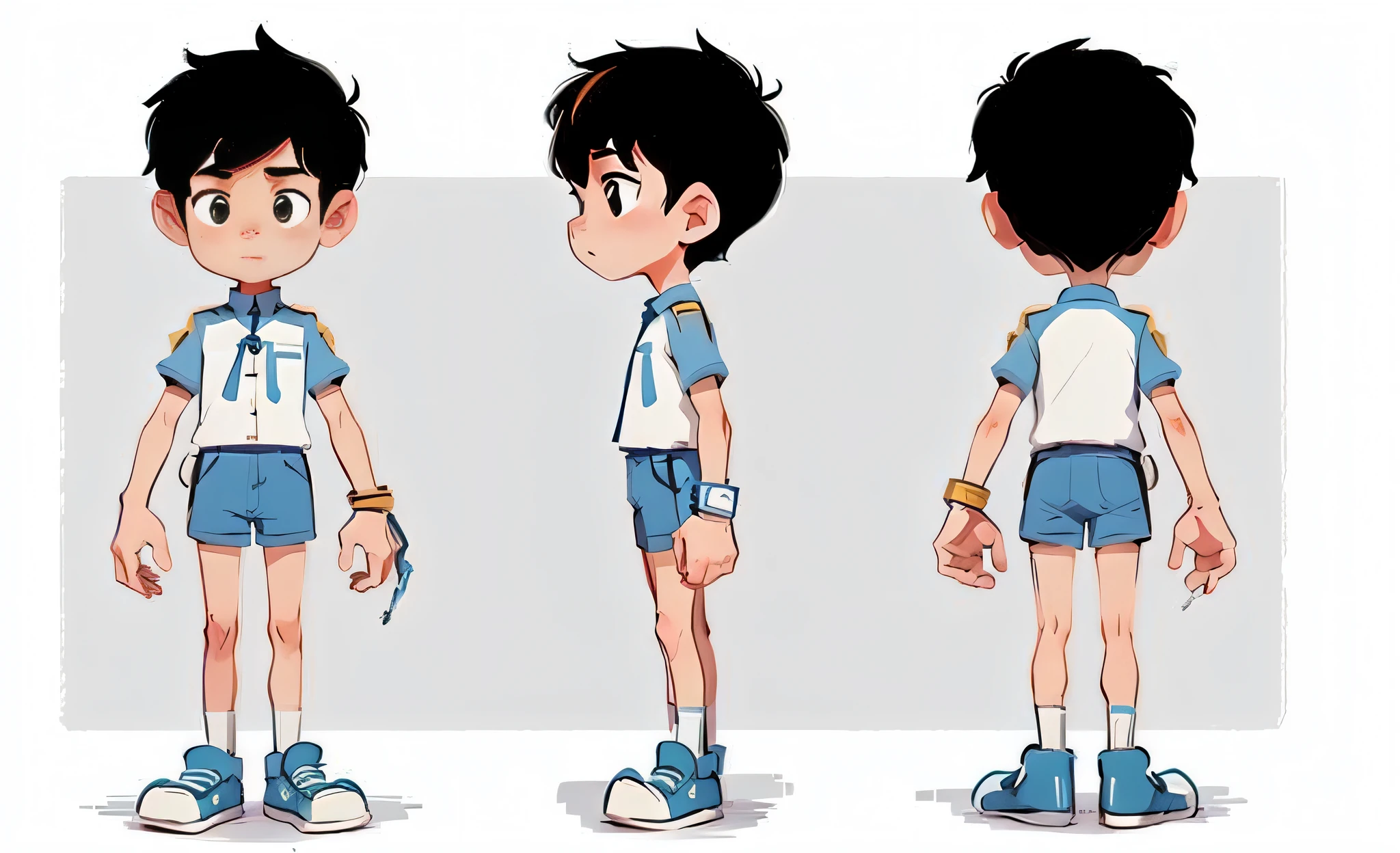 Close-up of cartoon characters in uniform, without hats, male scientist cute boy with short hair, three views, front view, side view, back view, high quality character design, animated characters, full body characters, full body character design, character standing walking, professional character design, game character design, full body single character, 2D illustration, 2D illustration, cute character, male protagonist 👀: 8, blue uniform