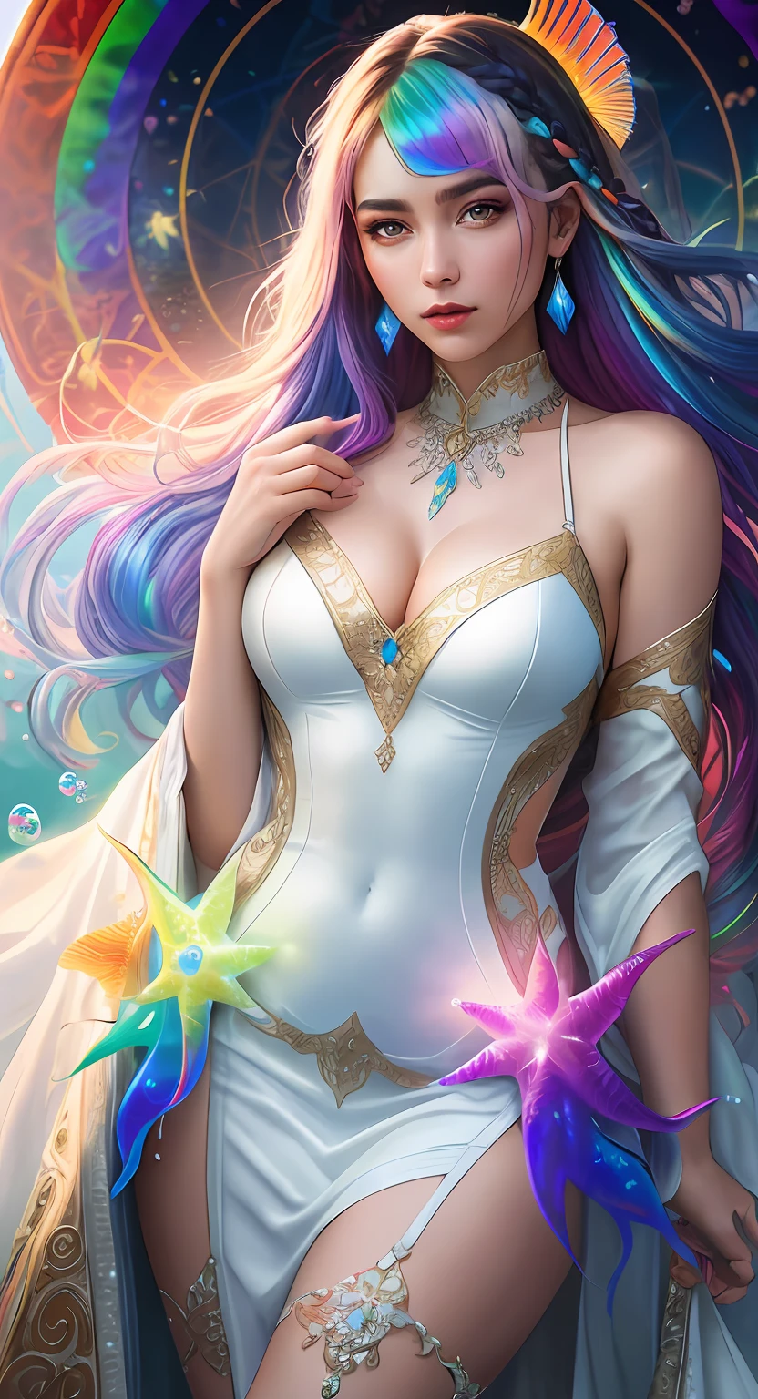 girl, 18 years old, small breast, wearing white dress, Flowing robes, detailed dress ornament, flowing hair, glowing hair, hair ornament, light on face, intricate magical circles, glowing runes, shimmering aura, intense focus, arcane incantations, crackling energy, levitating artifacts, ethereal staff, swirling mist, sparkling motes, mystical crystals, glowing sigils, intricate hand movements, otherworldly chanting,  powerful invocation, transcendent awareness, phoenix dress, , (white dress, Iridescent rainbow hair:1.55), (((water bubbles, colorful fish, beautiful coral life))), (detailed fabric, detailed ornament:1.4), fantasy, Haircut model by Side braid, possed is Lying down pose, sharp green, shooting angle is Rim lighting shot, time is Rim Light, BREAK hyper realistic, intricate design, insanely detailed, extremely fine details, Extremely sharp lines, cinematic lighting, Photo realistic, a detailed painting by Esao Andrews and Anton Fadeev, Raw photo, high detailed, 8k, UHD, dslr, softlighting, HDR, warm light, high quality, film grain, fujifilm XT3, photorealistic, masterpiece, best quality, hyper-detailed, 8K, warm lighting, soft lighting, masterpiece, best quality, detailed, highest quality, ultra detailed, highres, cinematic light, splendid and colorful, out of focus, RAW photograph, art portrait, absurdres, high contrast, colorful, highest details,