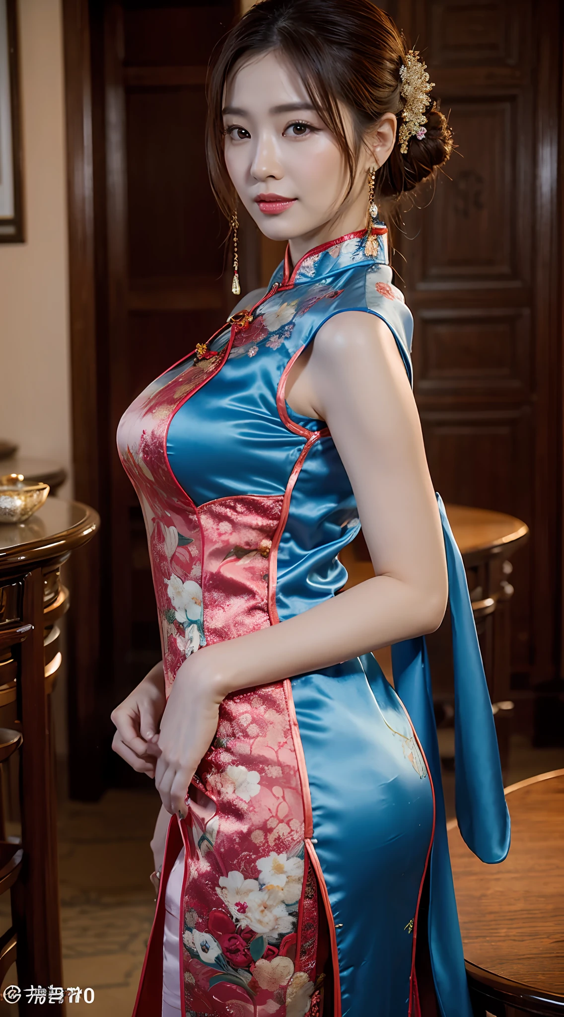 (Best quality, 8k, 32k, Masterpiece, UHD:1.2), 2 pretty Japanese woman in traditional clothing posing for a picture, (facing each other), wearing a blue qipao dress, in a blue qipao, cheongsam, traditional chinese clothing, with acient chinese clothes, chinese dress, chinese costume, wearing ancient chinese clothes, trending at cgstation, wearing ornate silk clothes, traditional chinese, wearing a red cheongsam, bottom angle, portrait shot