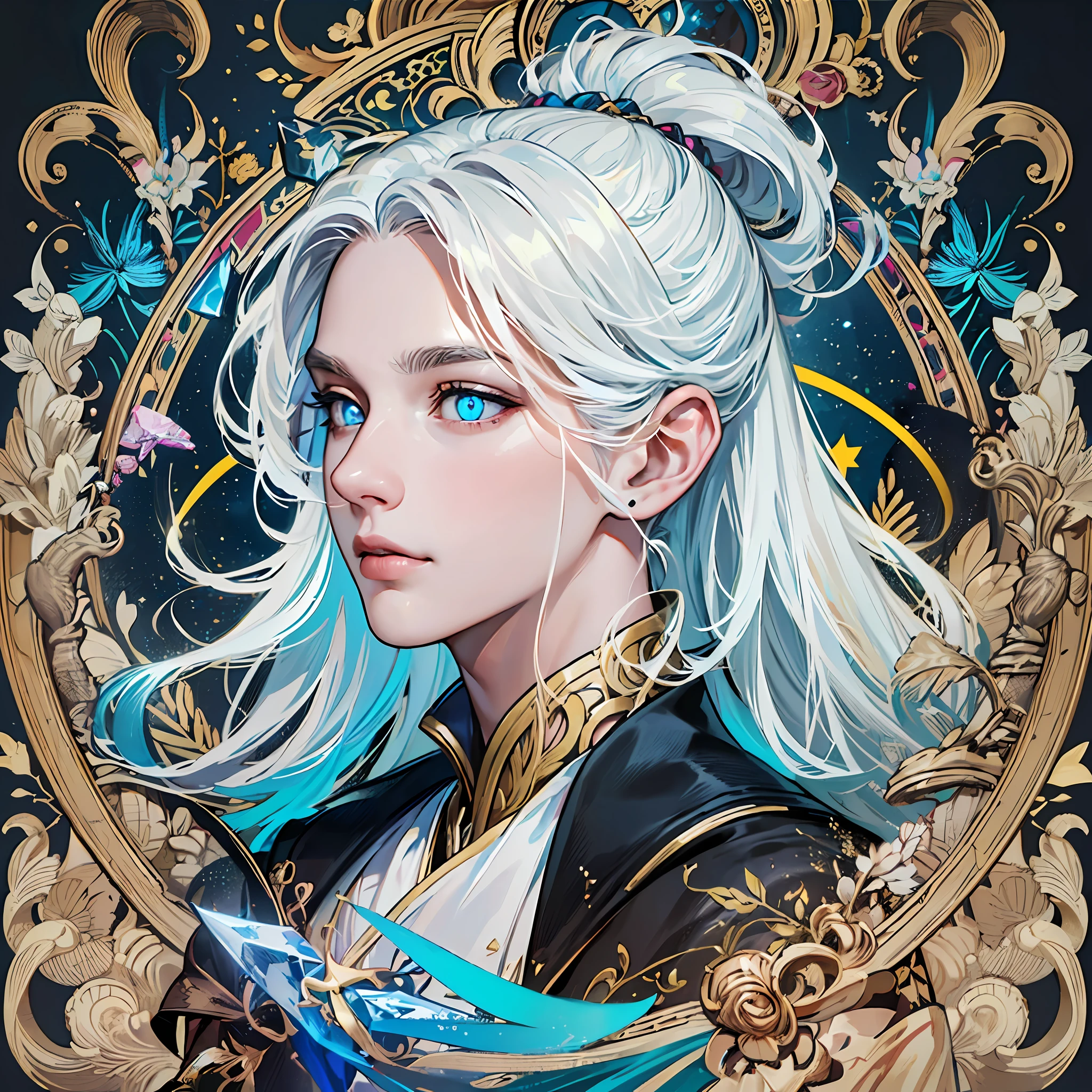 Realistic, (Masterpiece, Top Quality, Best Quality, Official Art, Beauty and Aesthetics: 1.2), Very Detailed, Fractal Art, Colorful, Most Detailed, Zentangle, (Abstract Background: 1.5) (1boy: 1.3), God, White Hair, Long Hair, (Glowing Blue Eyes), Mysterious, (Magic), Crystal, Handsome Man, Knight