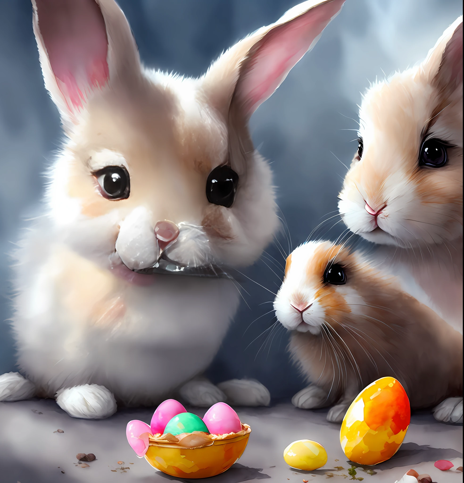 Beautiful little bunny with dreamy eyes, volumetric light, hyper realistic, intricate detail, illustration, painting, watercolor, kawaii chibi, eating easter egg, Aww!, Shallow depth of field, pastel color palette, Soft Lighting, Minimalistic, Modern, Digital painting, art by lois van baarle and ross tran and artgerm, Trending on Artstation HQ, highly detailed