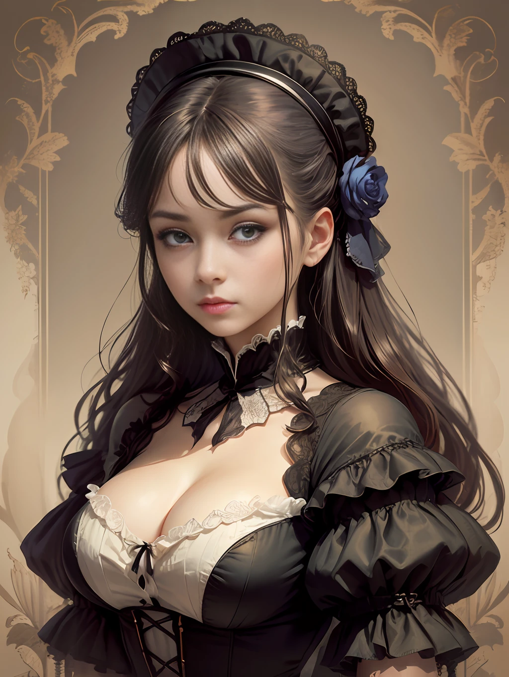 (Pure Color: 0.9), (Color: 1.1), (Masterpiece: 1,2), Best Quality, Masterpiece, High Resolution, Original, Highly Detailed Wallpaper, Beauty, Beauty, Victorian, Dress, Melancholy, Big Breasts, --auto --s2