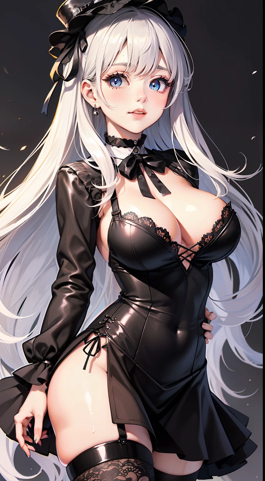 1girl, long hair,red hairband, absurdly long hair,ed eyes,black shirt,black red skirt,zettai ryouiki,silver hair,ribbon_choker,black choker, black choker,jewelry, shackles, cowboy shot, torn clothes, torn shirt,torn thighhighs,masterpiece, best quality,nose, wet lips, shiny,(beautiful detailed eyes), vivid, intricate details,(big breasts),slender body,very young cute face,{detailed clothing}, {detailed background}, {extremely beautiful and delicate}, (very detailed), (wallpaper), highlight eyes,blush,(mini_top_hat:1.2),Floating Hair,(gothic_ta:1.2),seductive smile, excited, dark_persona, crazy, best quality, ultra-detailed, masterpiece, finely detail, 8k wallpaper,in bad,