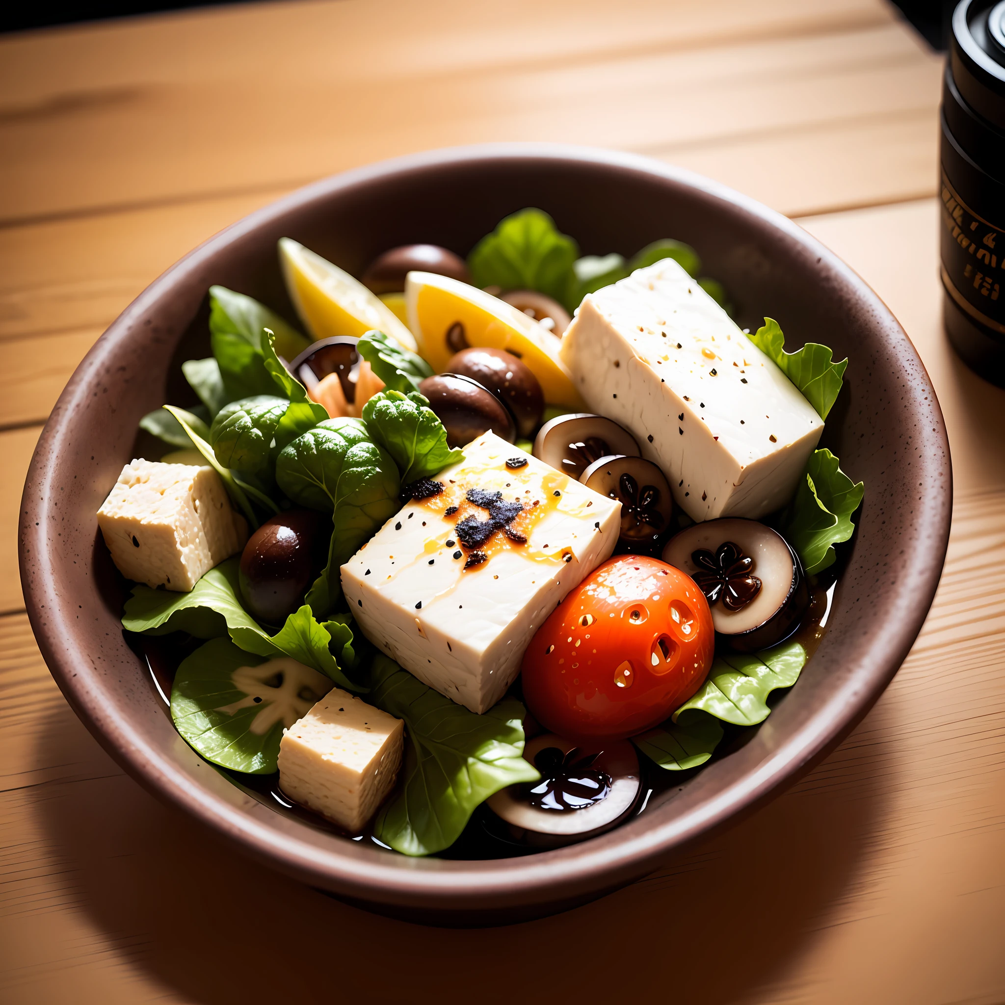 Tofu and seaweed salad, sautéed mushrooms and beer are laid out on the wooden counter. The lighting is natural light, which emphasizes the freshness and texture of the ingredients. The background is simple, with ingredients and alcohol playing a leading role. The camera is an Nikon D850 and the lens is an AF-S NIKKOR 24-70mm f/2.8E ED VR. It has a resolution of 45.7 megapixels, an ISO sensitivity of 64 and a shutter speed of 1/200 of a second. –ar 16:9 –v 5.1 –style raw –q 2 –s 750 --auto