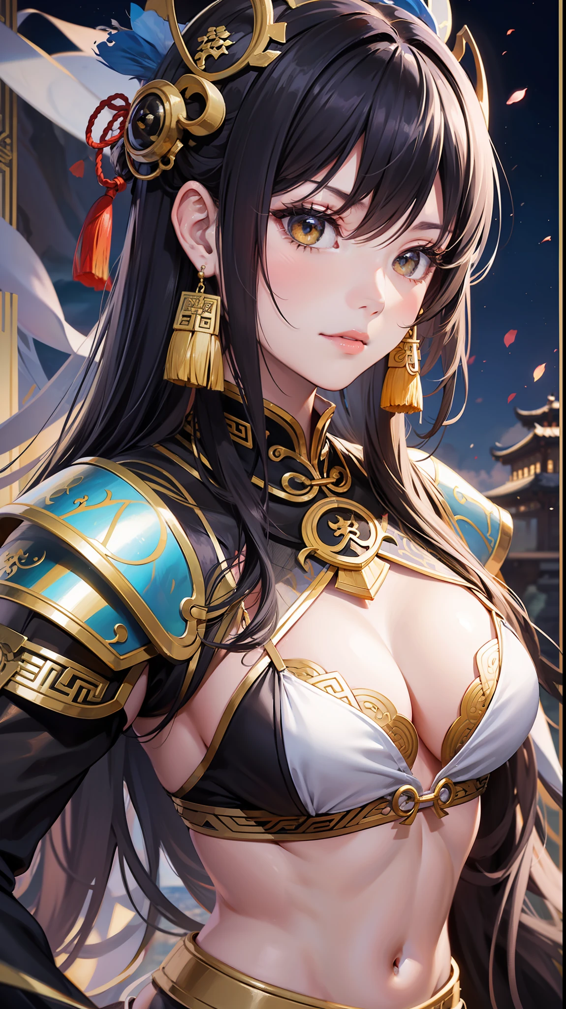 (bestquality, masterpiece),1girl,offshoulder,happy,darkskin,long hair,ocean,lookingatviewer,rock,cloud,early morning,Chinese dragon,