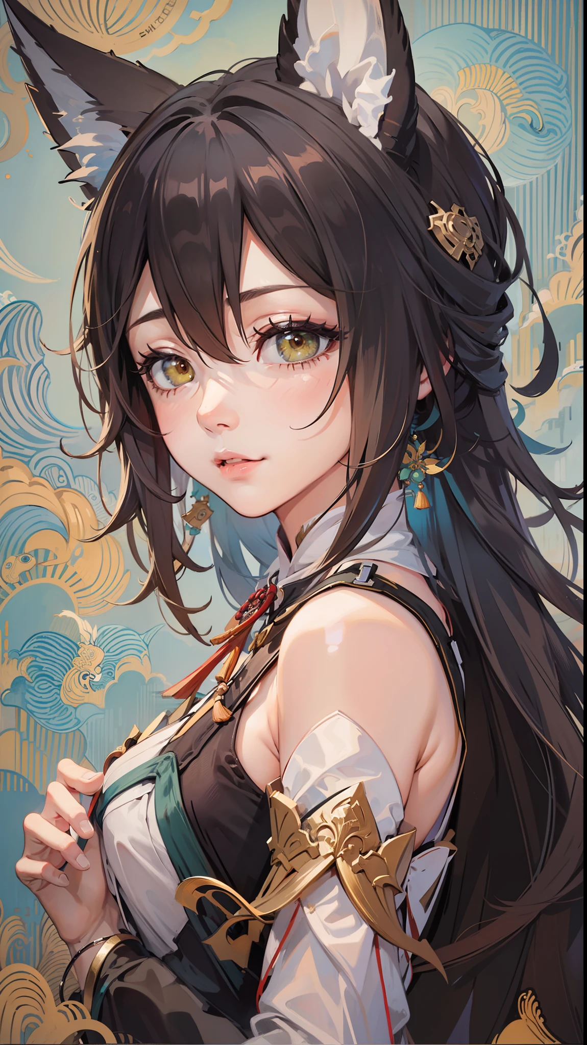 (bestquality, masterpiece),1girl,offshoulder,happy,darkskin,long hair,ocean,lookingatviewer,rock,cloud,early morning,Chinese dragon,
