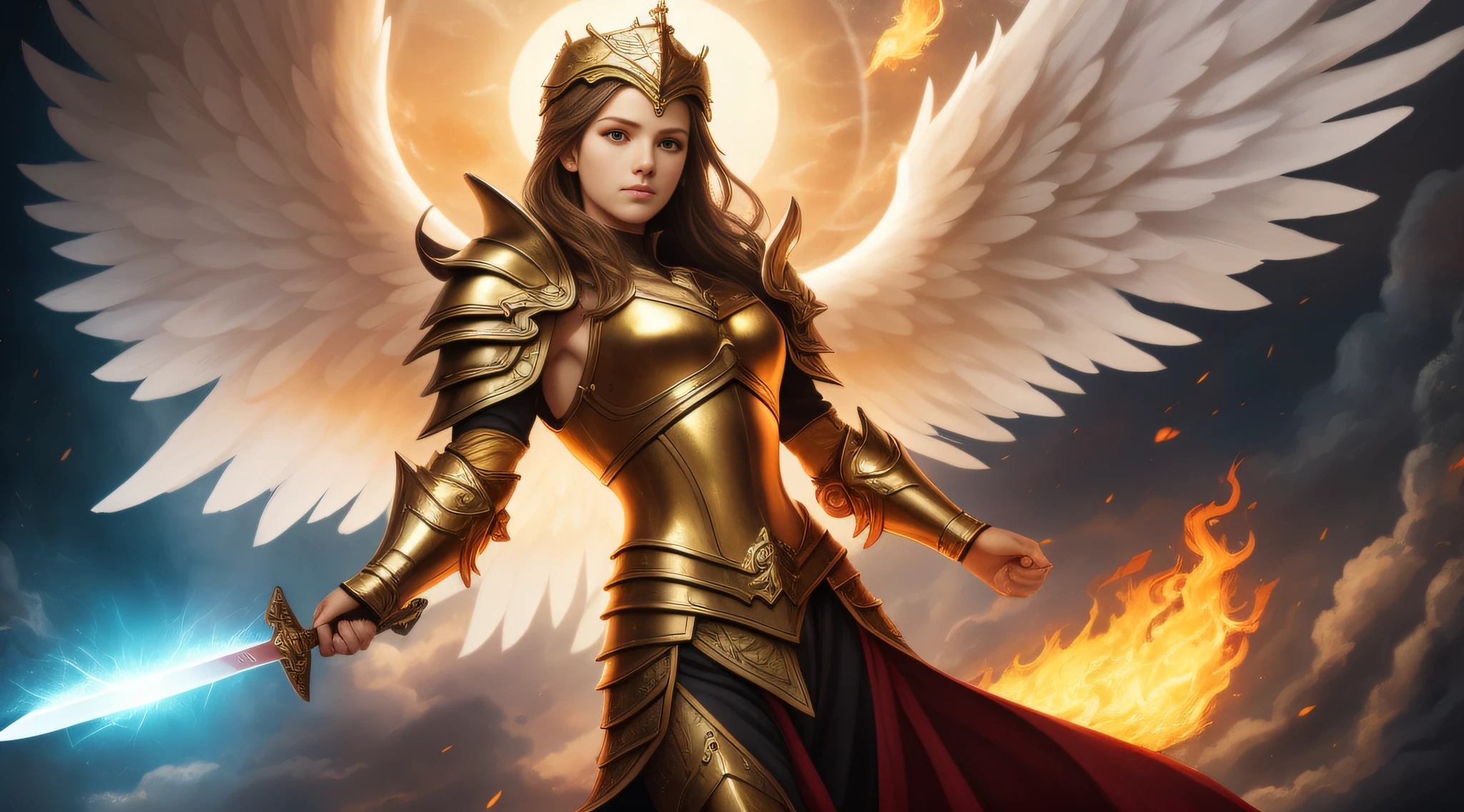 a painting of an angel holding a flaming blue golden pearls, St. Michael the angel, Archangel Michael, precise biblical angel, archangel, holy paladin, sacred armor, sacred sword in his hands, angelic golden armor, biblically cornered angel, angel in plastic armor, fantasy paladin, by Anne Stokes, majestic full-body angel, fantasy, magician, intricate details,  dramatic angle, dramatic lighting, depth of field. Best quality, masterpiece, ultra high resolution, (anime realism, photorealistic: 1.4), perfect composition, centered, symmetry