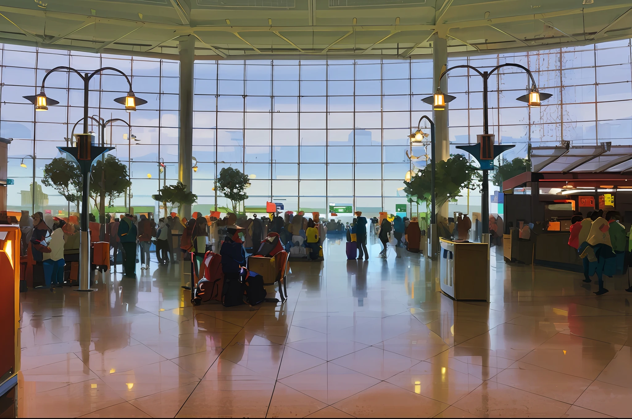 araful view of a large airport open air lobby with a few people, seattle tacoma airport, airport, crowded airport, terminal, food court, wide - shot, wide-shot, wide view, postprocessed), post-processed, painted animation background, “wide shot,