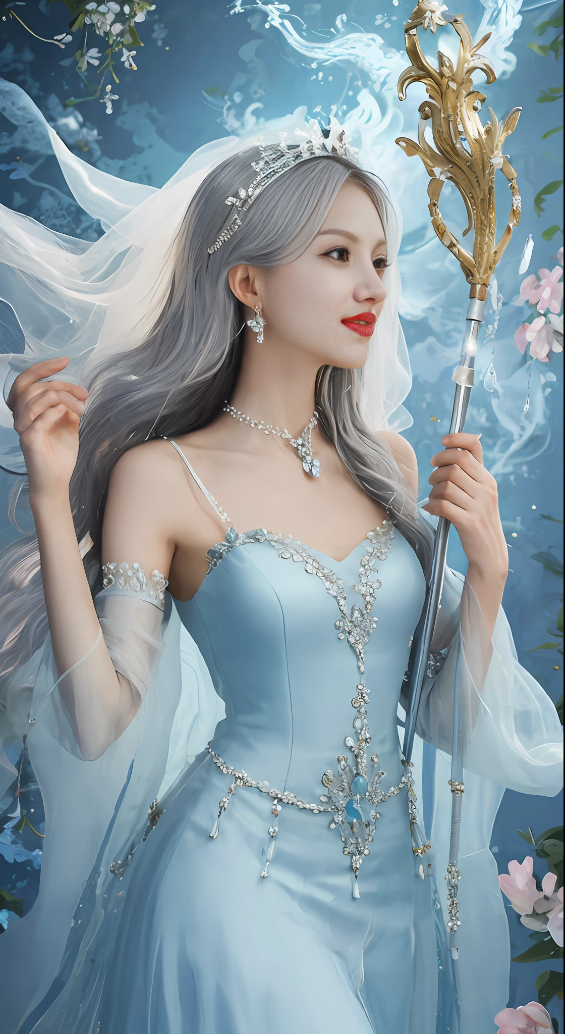 The highest quality, masterpiece, dreamy interstellar world, ethereal background, a silver-haired goddess holding a staff fluctuating the current, she wears a delicate and dreamy long dress, the headdress is exquisite and intricate, and her body is full of light, and two large fish with crystal clear bodies jump up to protect the goddess